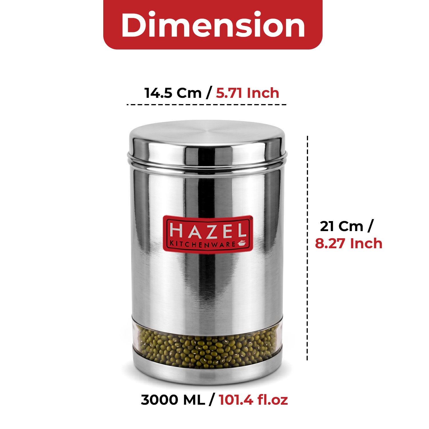 HAZEL Stainless Steel Container For Kitchen Storage Transparent See Through Glossy Finish Storage Jar Dabba, Set of 1, 3000 ML, Silver