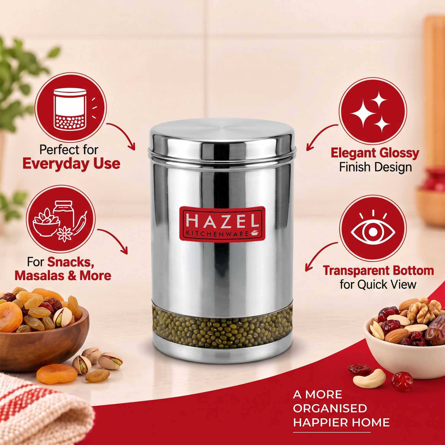 HAZEL Stainless Steel Container For Kitchen Storage Transparent See Through Glossy Finish Storage Jar Dabba, Set of 1, 3000 ML, Silver