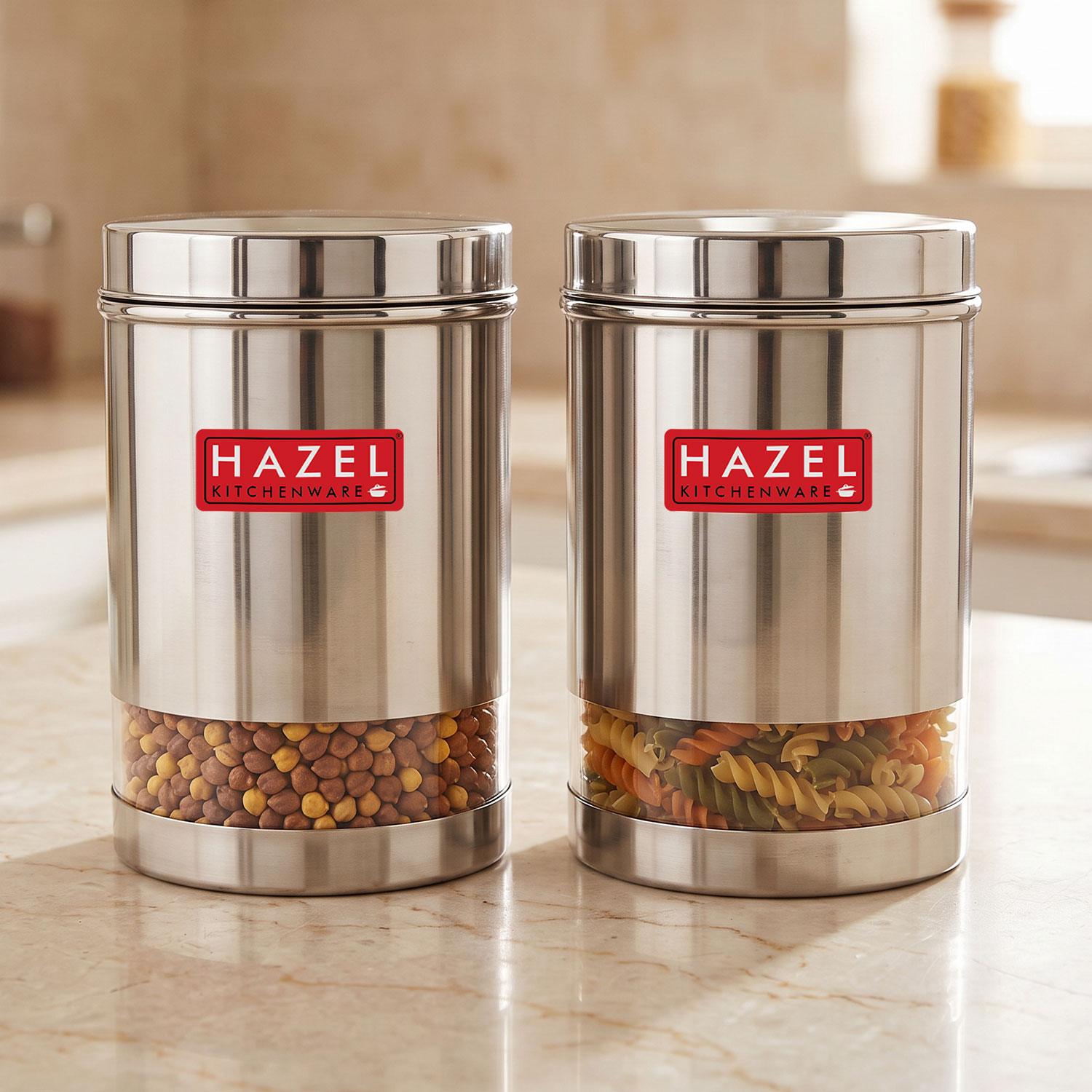 HAZEL Stainless Steel Transparent Glossy Finish See Through Container, Silver, Set of 2, 1700 Ml