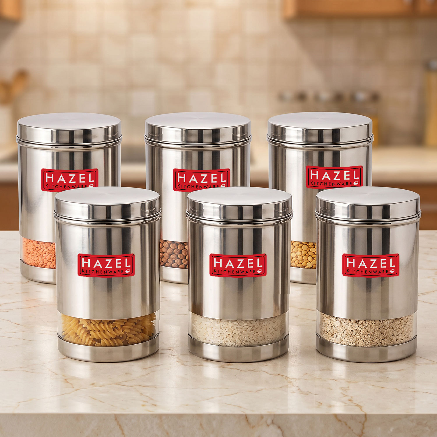 HAZEL Stainless Steel Transparent Glossy Finish See Through Container, Silver, Set of 6, 1700 Ml