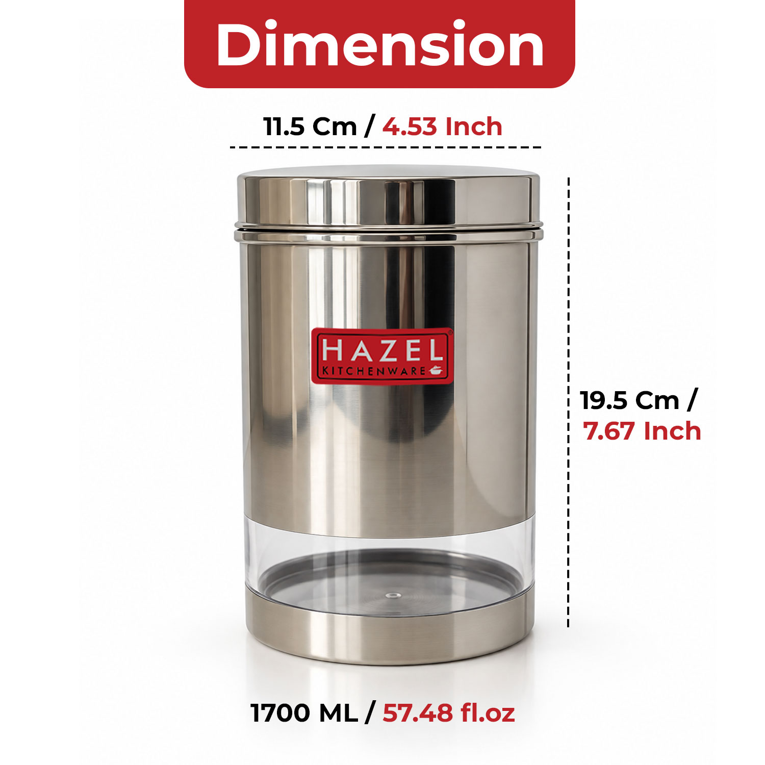HAZEL Stainless Steel Transparent Glossy Finish See Through Container, Silver, Set of 6, 1700 Ml