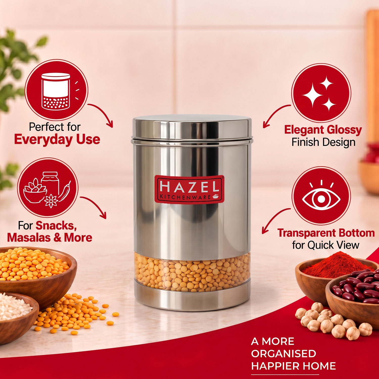 HAZEL Stainless Steel Transparent Glossy Finish See Through Container, Silver, Set of 6, 1700 Ml