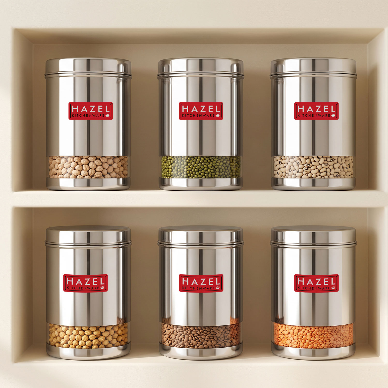HAZEL Stainless Steel Transparent Glossy Finish See Through Container, Silver, Set of 6, 1700 Ml