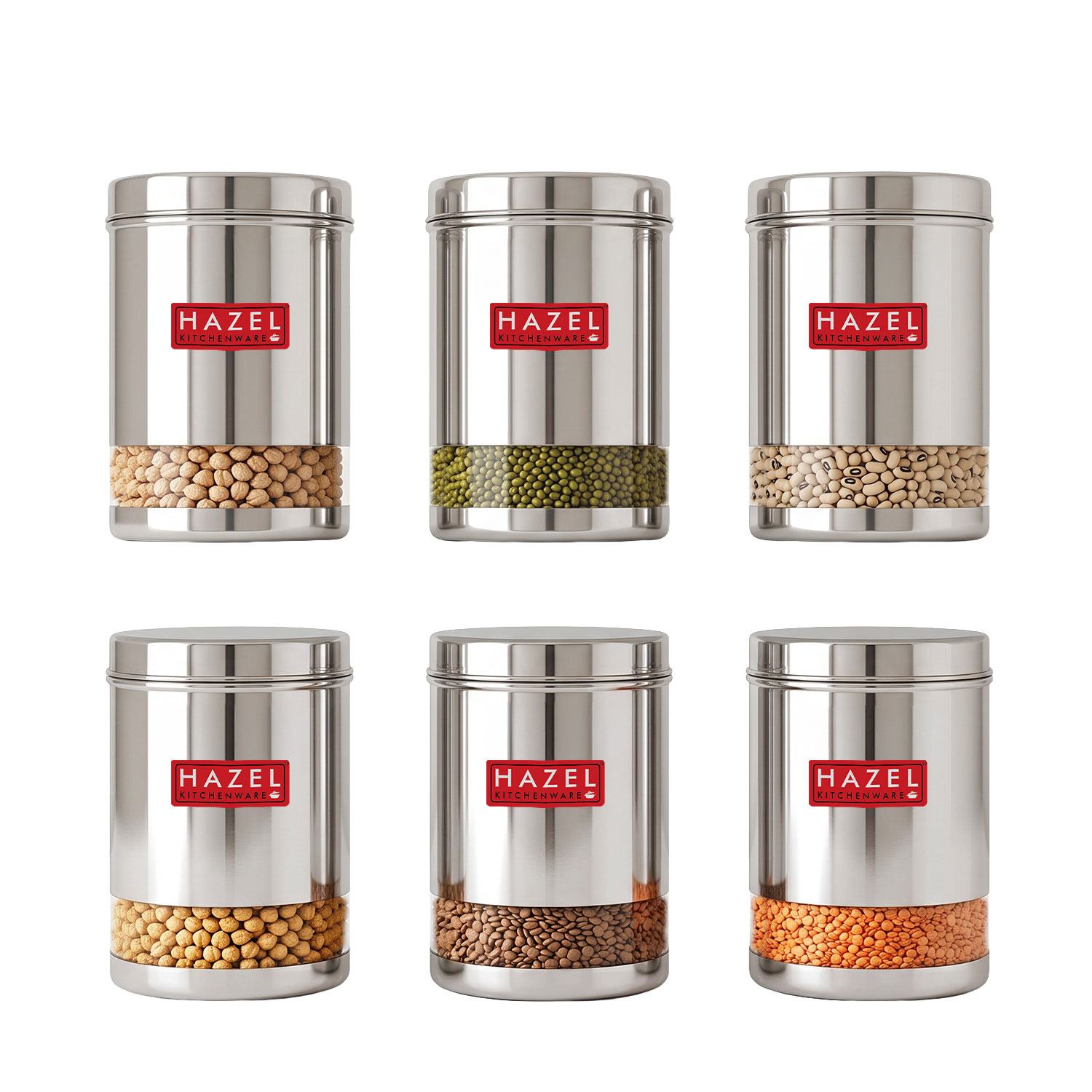 HAZEL Stainless Steel Transparent Glossy Finish See Through Container, Silver, Set of 6, 1700 Ml