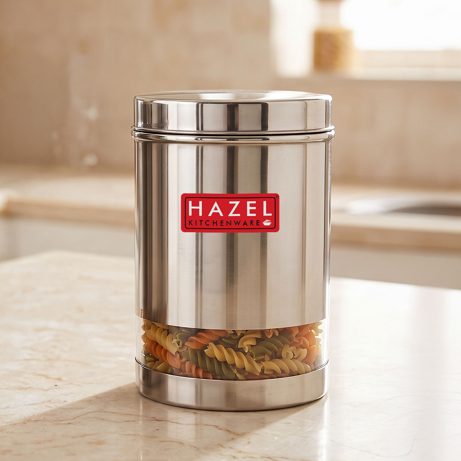 HAZEL Stainless Steel Transparent Glossy Finish See Through Container, Silver, 1 PC, 1700 Ml