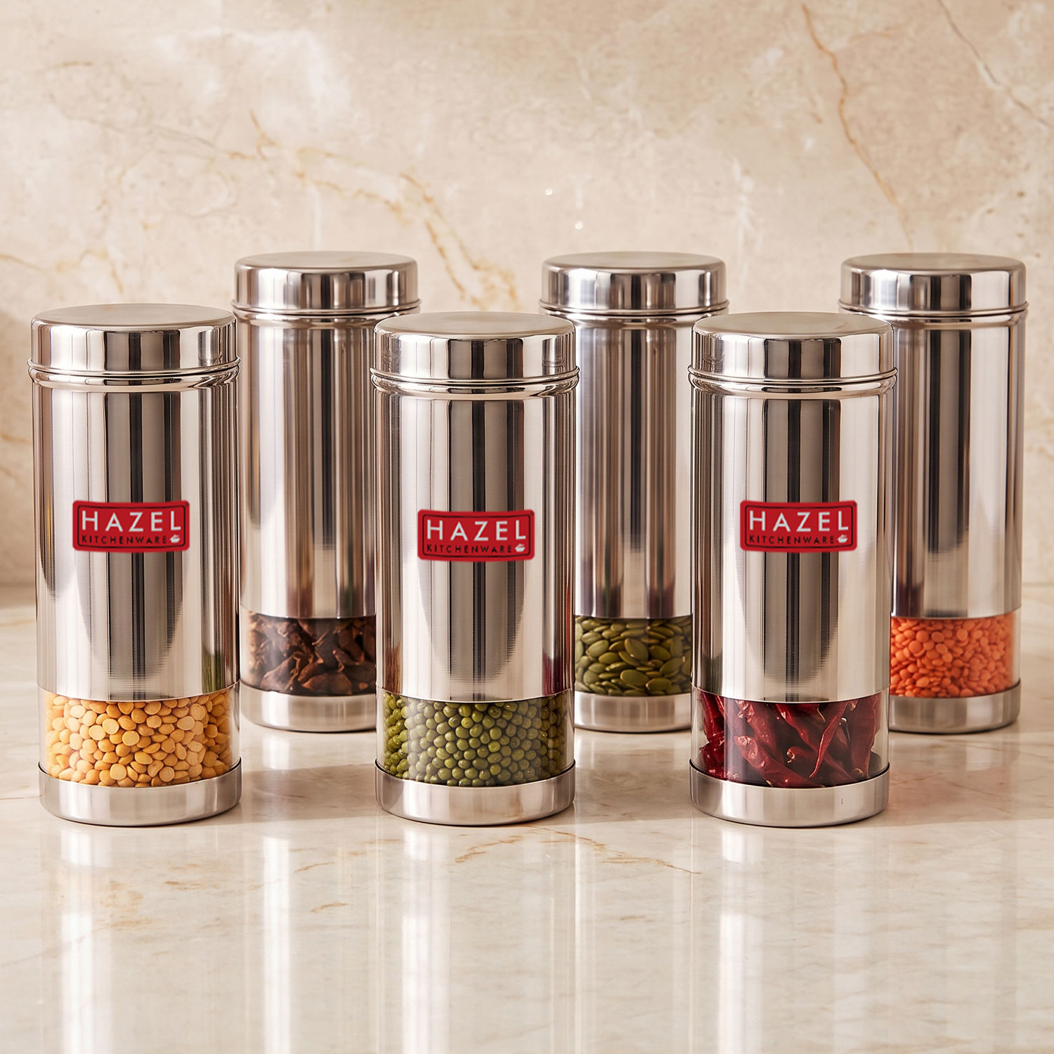 HAZEL Stainless Steel See Through Transparent Slim Container | Air Tight Steel Containers | Grocery Containers for Kitchen | Dabba Set for Kitchen | Kitchen Storage Containers Set of 6, 600 ML