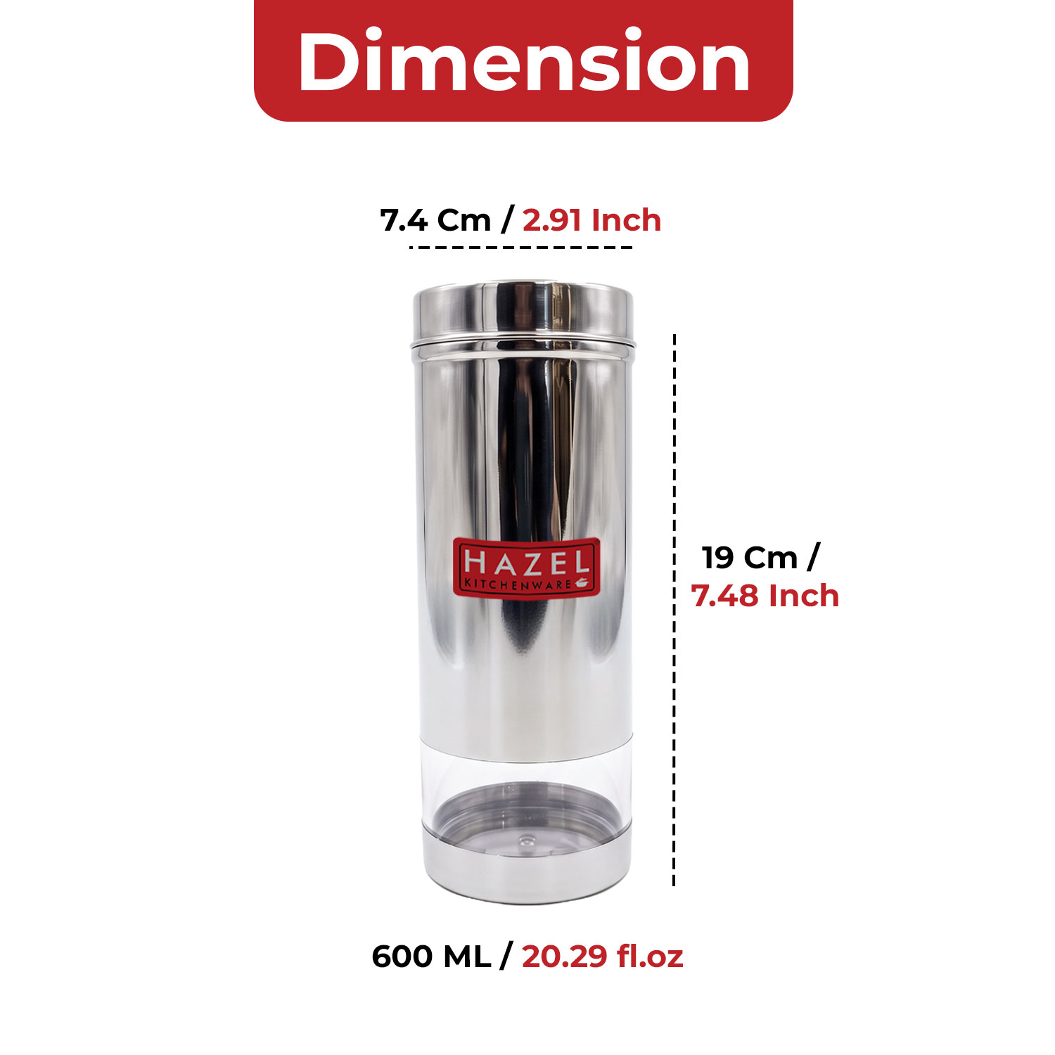 HAZEL Stainless Steel See Through Transparent Slim Container | Air Tight Steel Containers | Grocery Containers for Kitchen | Dabba Set for Kitchen | Kitchen Storage Containers Set of 6, 600 ML