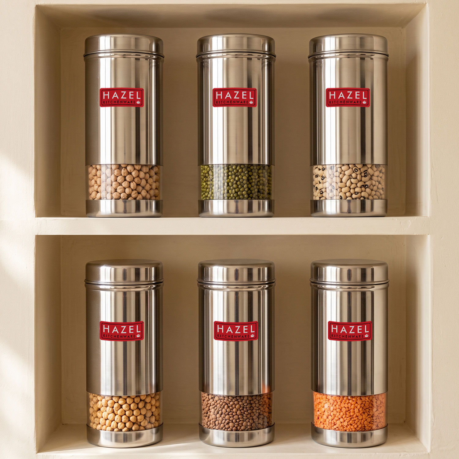 HAZEL Stainless Steel See Through Transparent Slim Container | Air Tight Steel Containers | Grocery Containers for Kitchen | Dabba Set for Kitchen | Kitchen Storage Containers Set of 6, 600 ML
