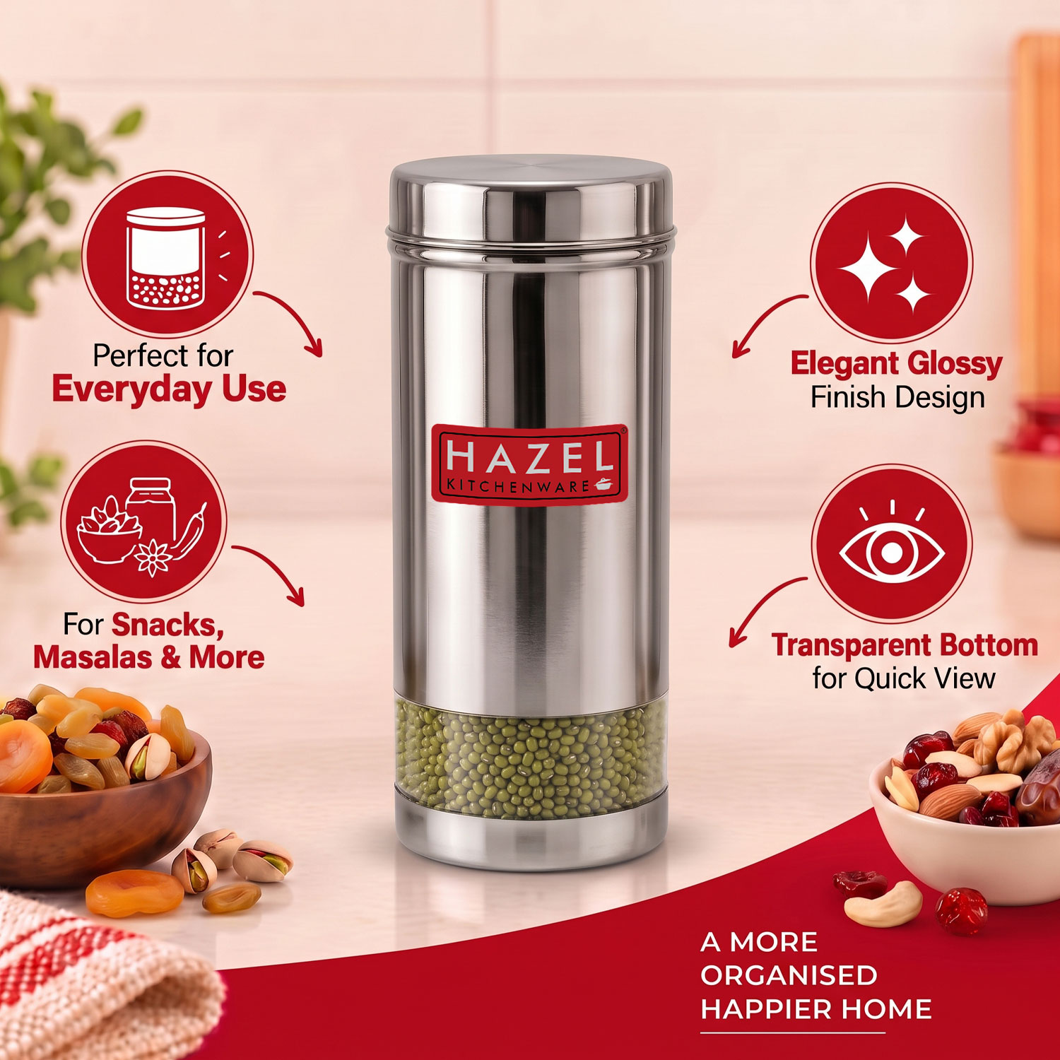 HAZEL Stainless Steel Refrigerator Storage Container | Stainless Steel See Through Storage Container for Kitchen | Container for Kitchen Storage 500 ML, Silver