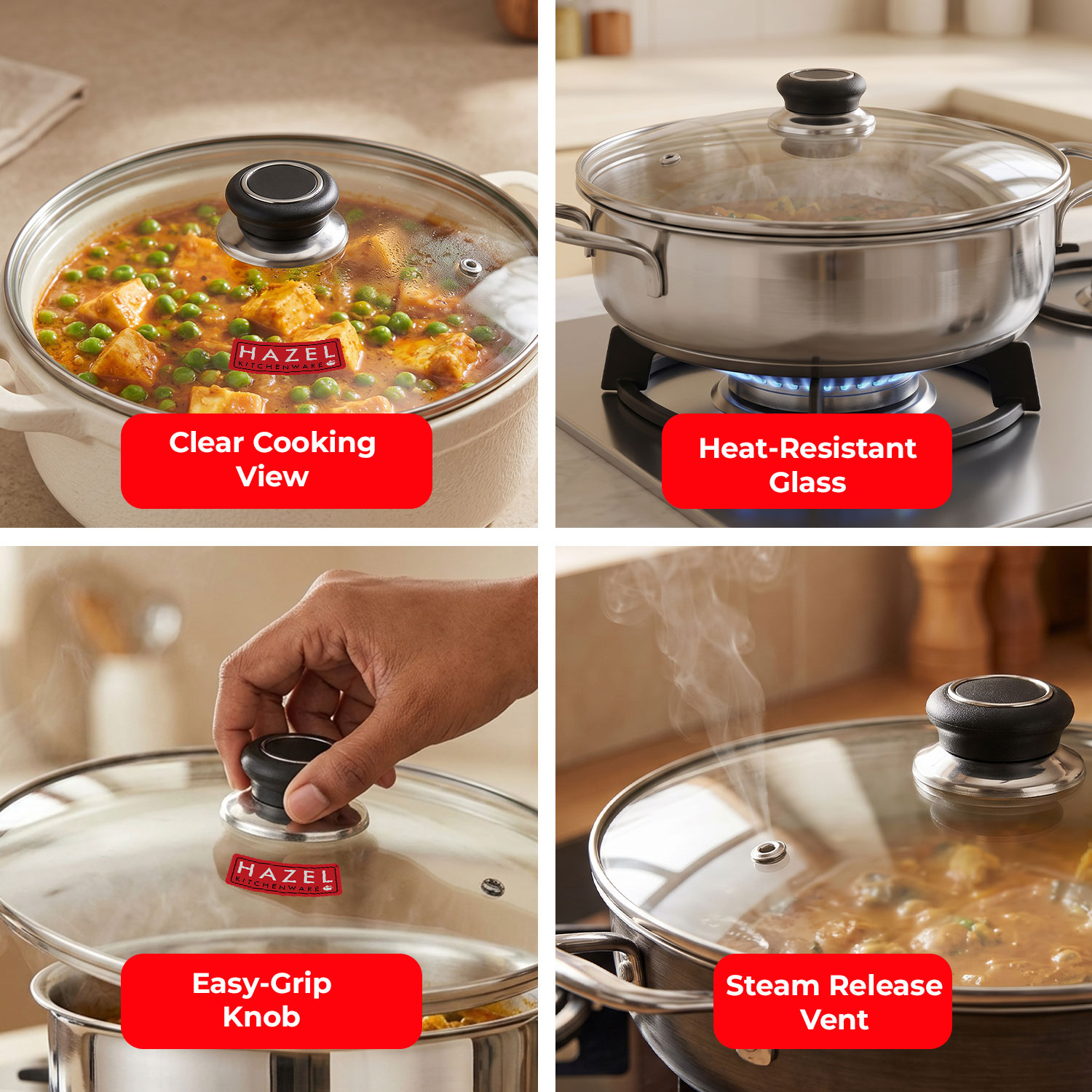 HAZEL Glass Cookware Lid With Knob and Built In Steam Vents, 24.5 cm
