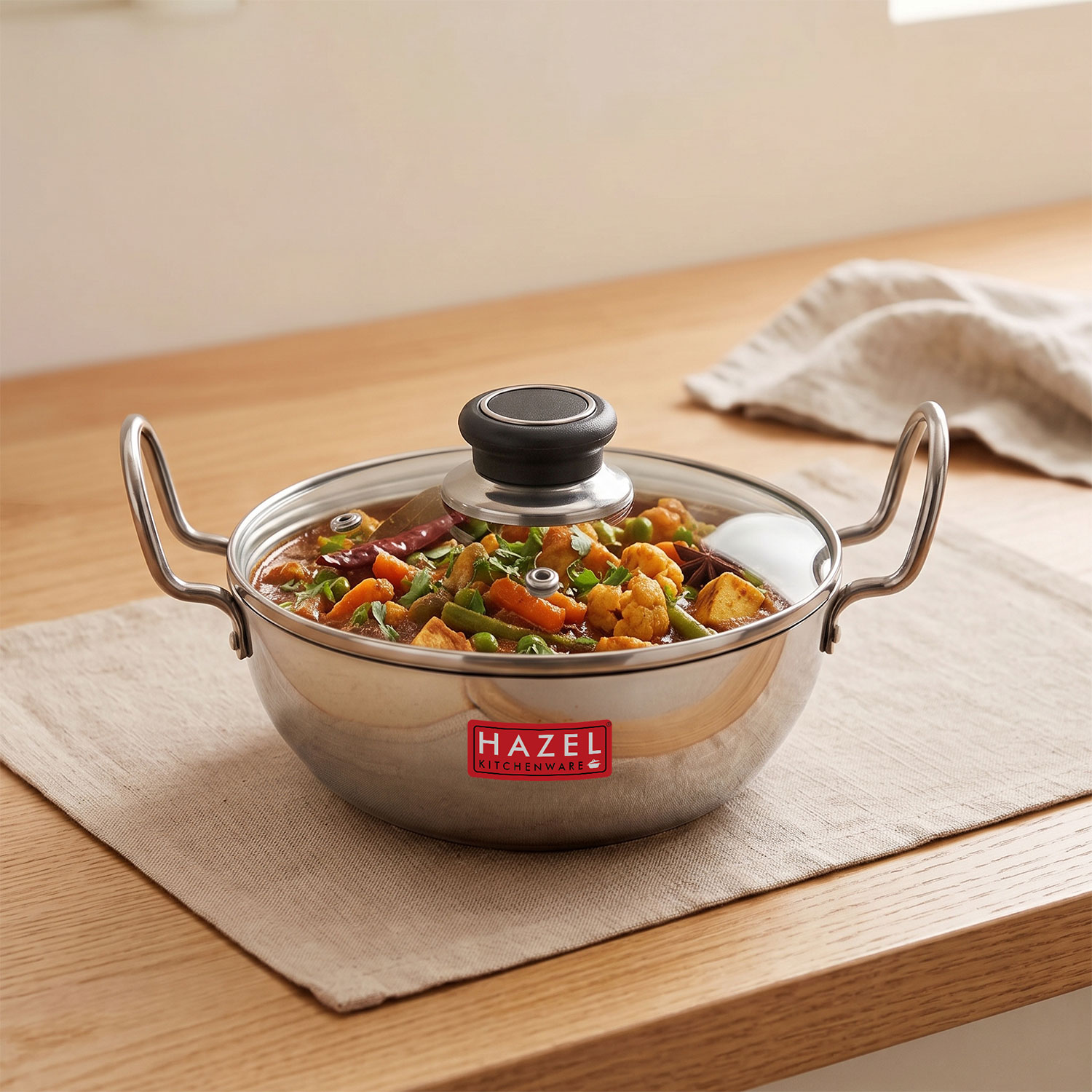 HAZEL 4 mm Aluminium Kadhai Kadai with Glass Lid | Vessels for Cooking Deep Frying Kadai, 1125 ML
