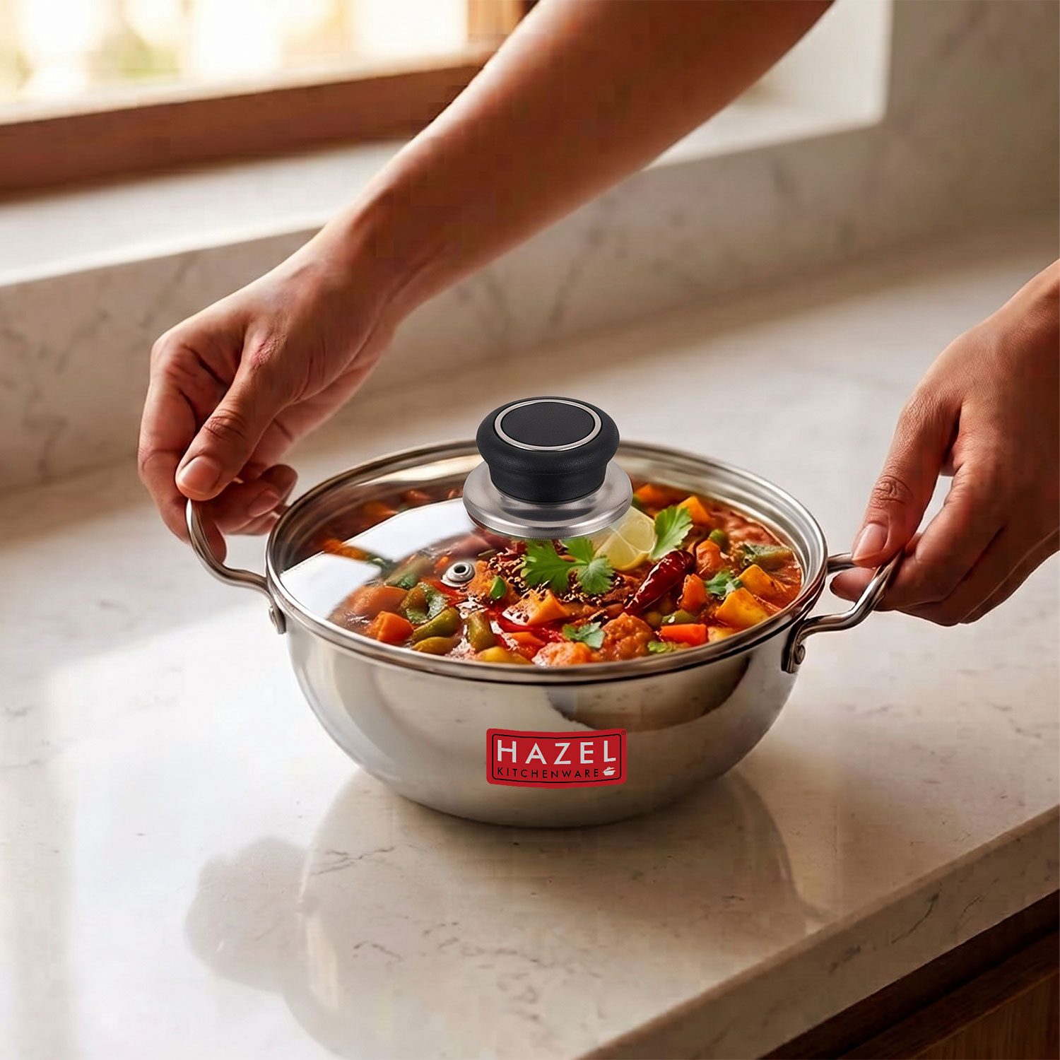 HAZEL 4 mm Aluminium Kadhai Kadai with Glass Lid | Vessels for Cooking Deep Frying Kadai, 1125 ML