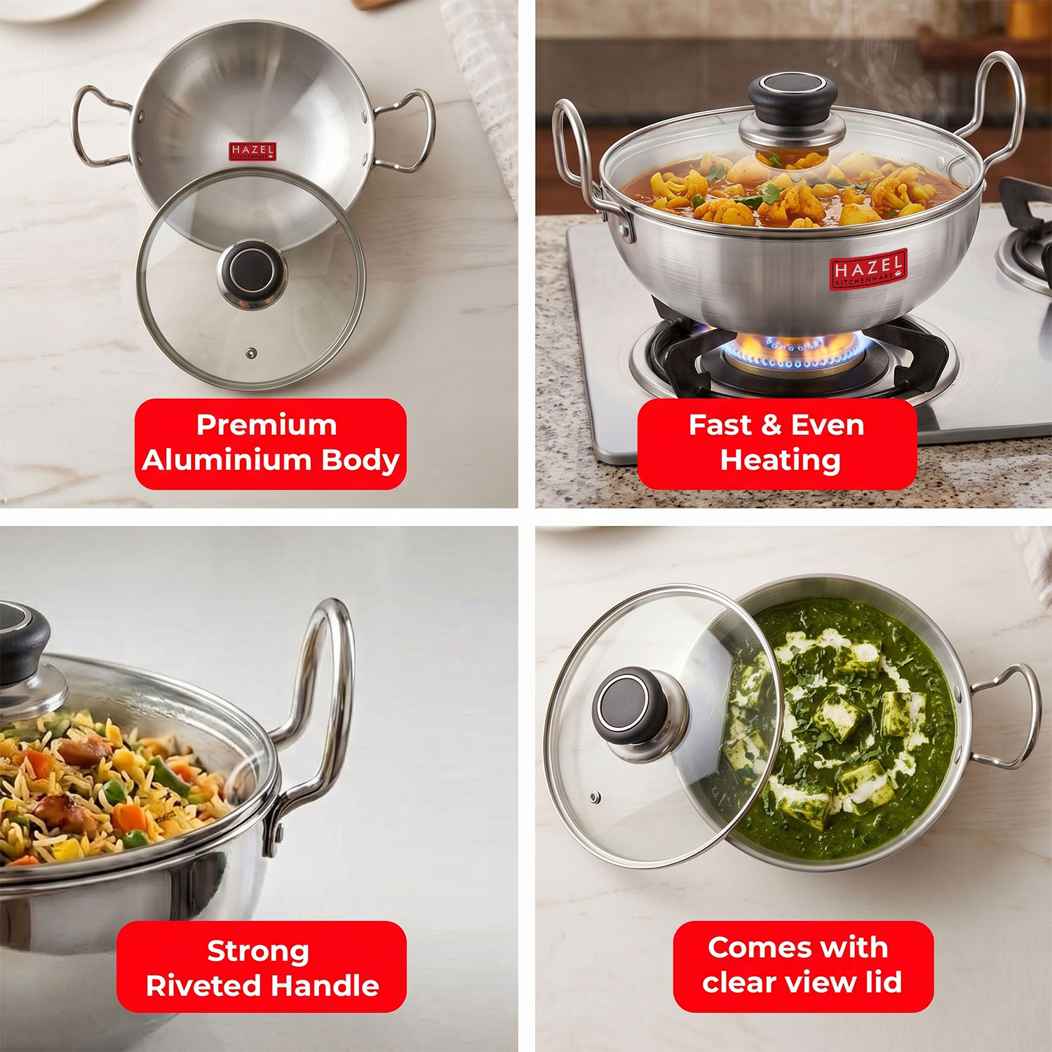 HAZEL 4 mm Aluminium Kadhai Kadai with Glass Lid | Vessels for Cooking Deep Frying Kadai, 1125 ML
