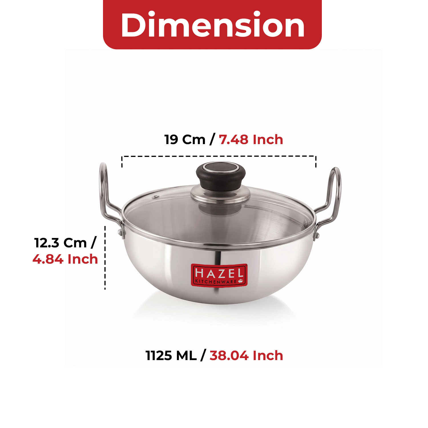 HAZEL 4 mm Aluminium Kadhai Kadai with Glass Lid | Vessels for Cooking Deep Frying Kadai, 1125 ML