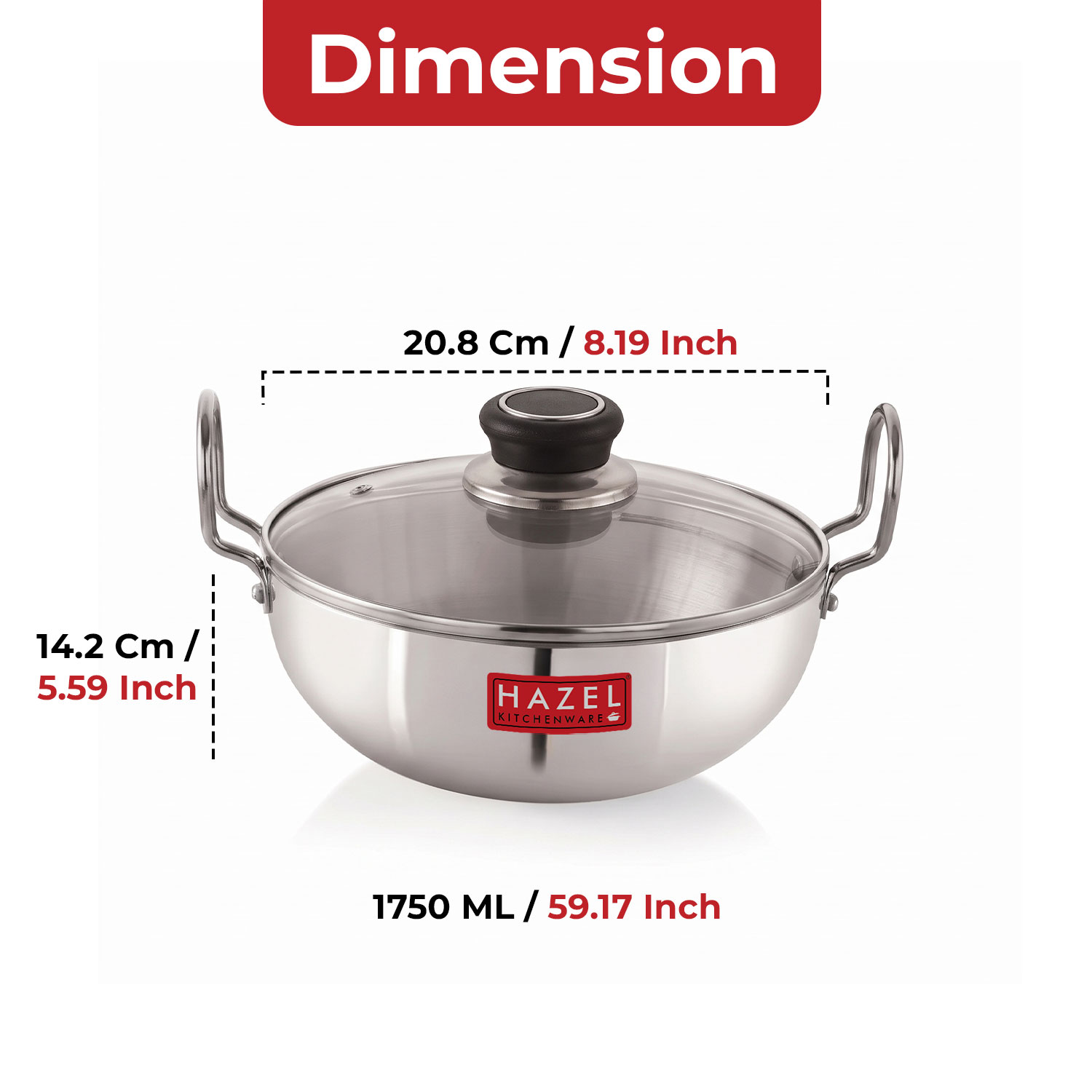 HAZEL 4 mm Aluminium Kadhai Kadai with Glass Lid | Vessels for Cooking Deep Frying Kadai, 1750 ML