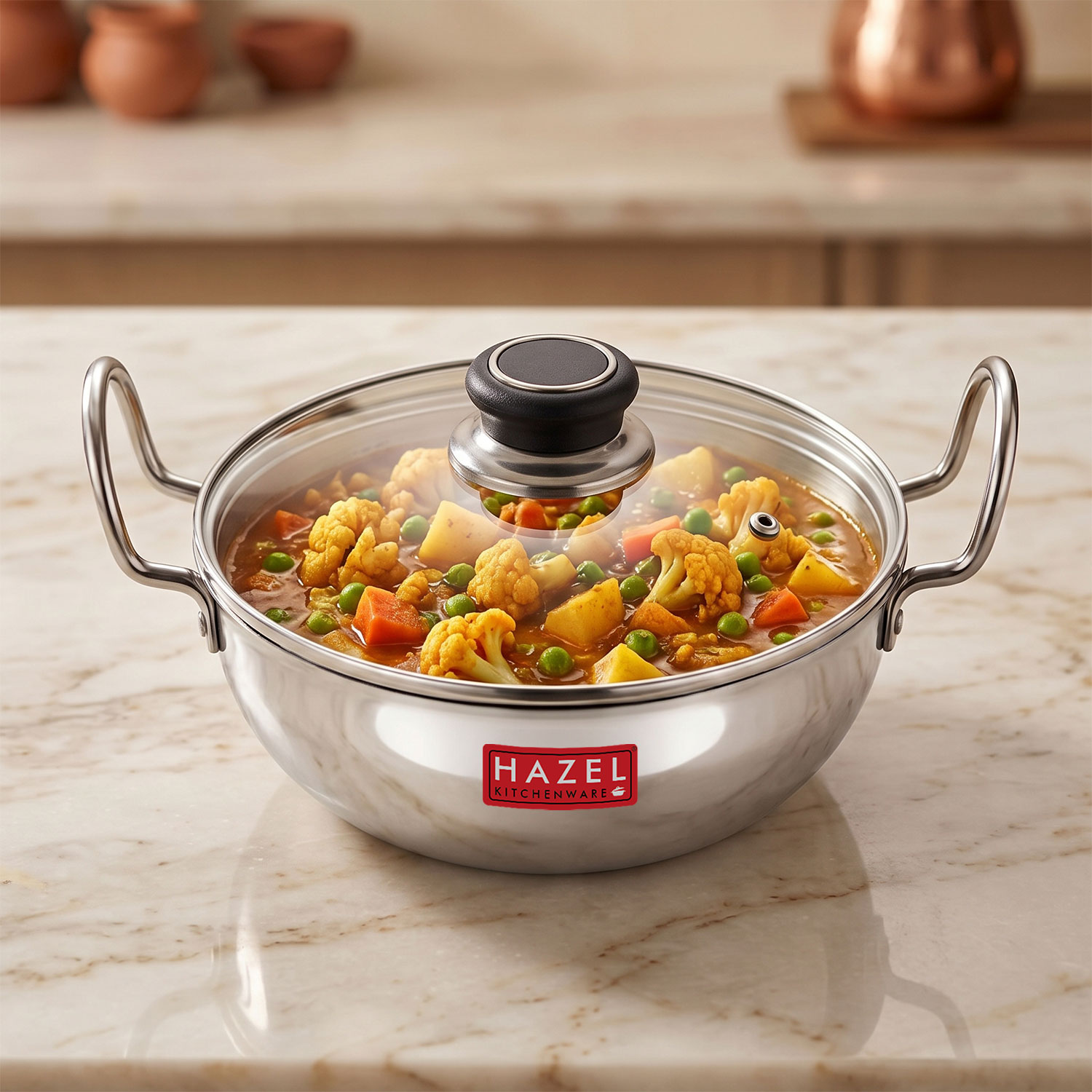 HAZEL 4 mm Aluminium Kadhai Kadai with Glass Lid | Vessels for Cooking Deep Frying Kadai, 1750 ML