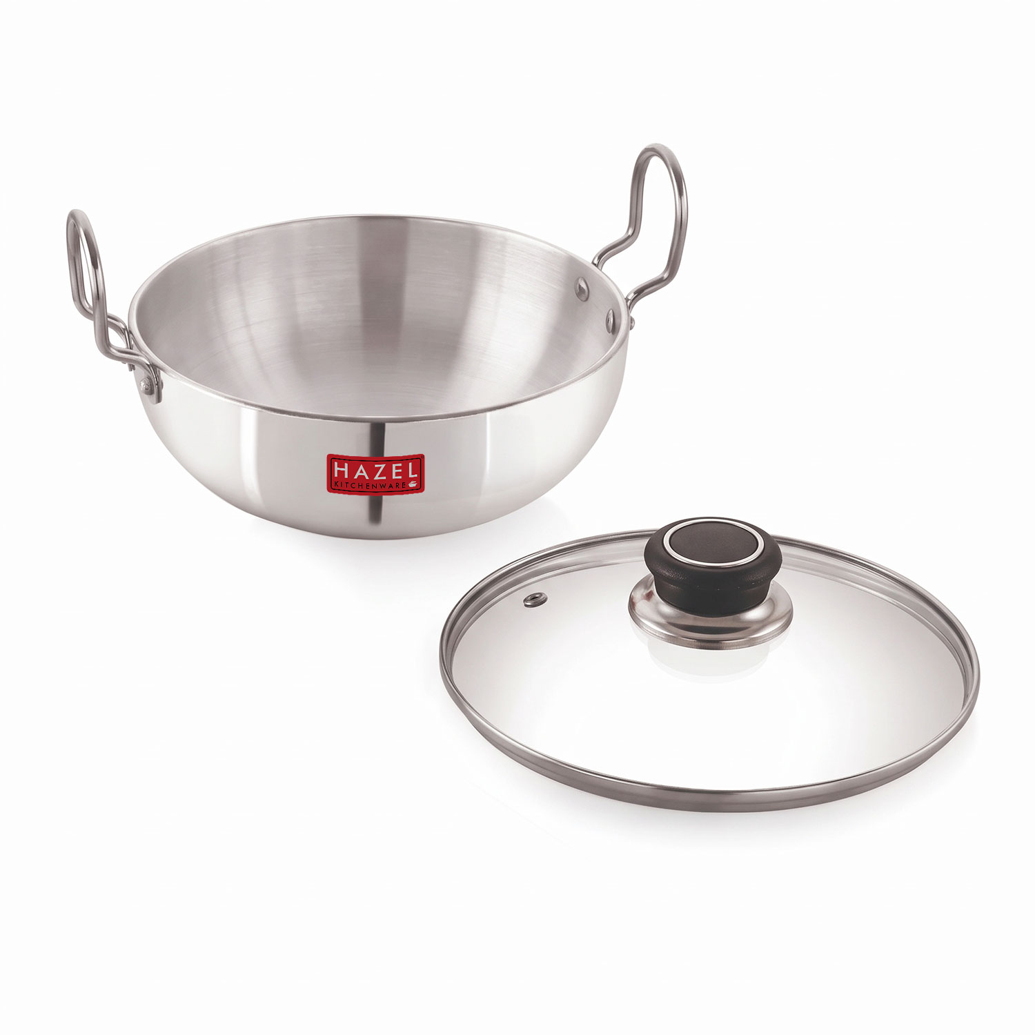 HAZEL 4 mm Aluminium Kadhai Kadai with Glass Lid | Vessels for Cooking Deep Frying Kadai, 1750 ML