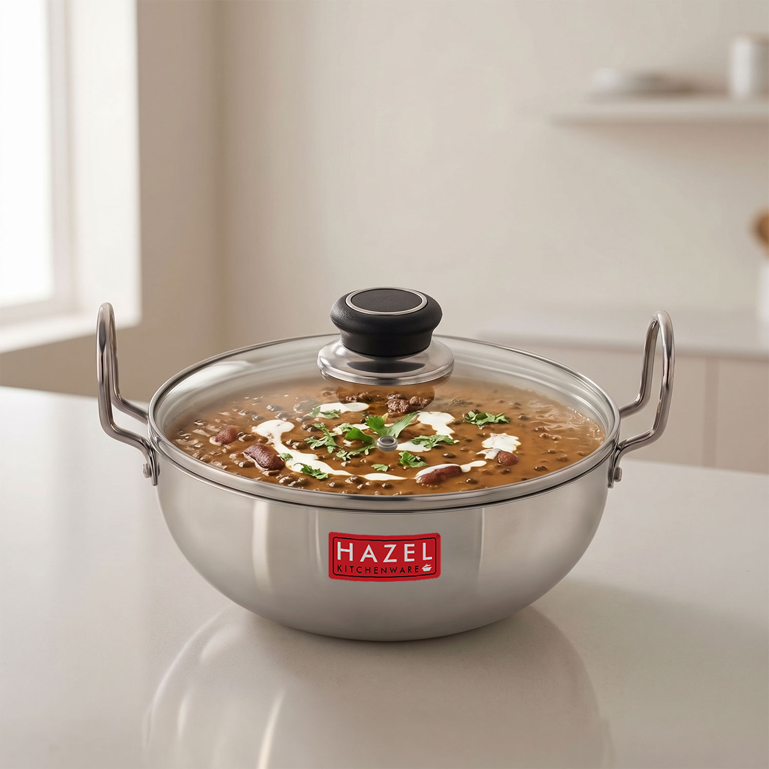 HAZEL 4 mm Aluminium Kadhai Kadai with Glass Lid | Vessels for Cooking Deep Frying Kadai, 3700 ML