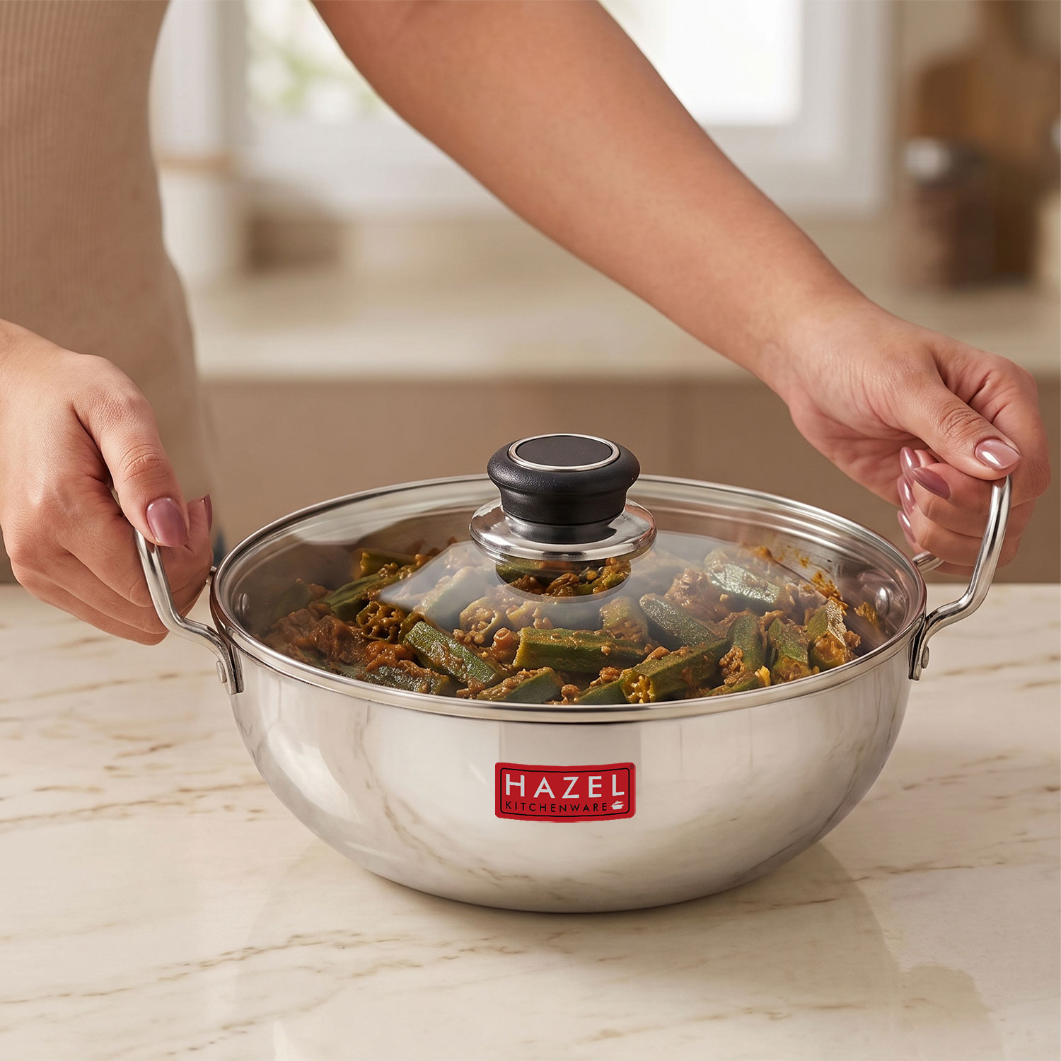 HAZEL 4 mm Aluminium Kadhai Kadai with Glass Lid | Vessels for Cooking Deep Frying Kadai, 3700 ML