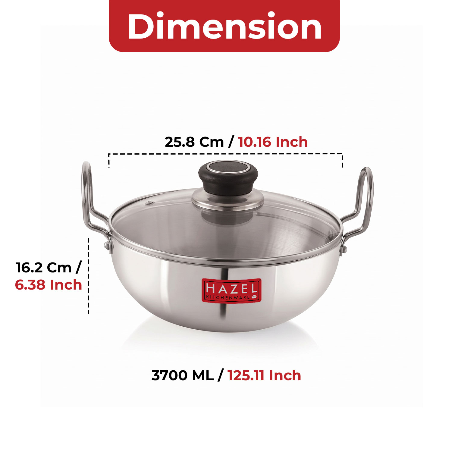 HAZEL 4 mm Aluminium Kadhai Kadai with Glass Lid | Vessels for Cooking Deep Frying Kadai, 3700 ML