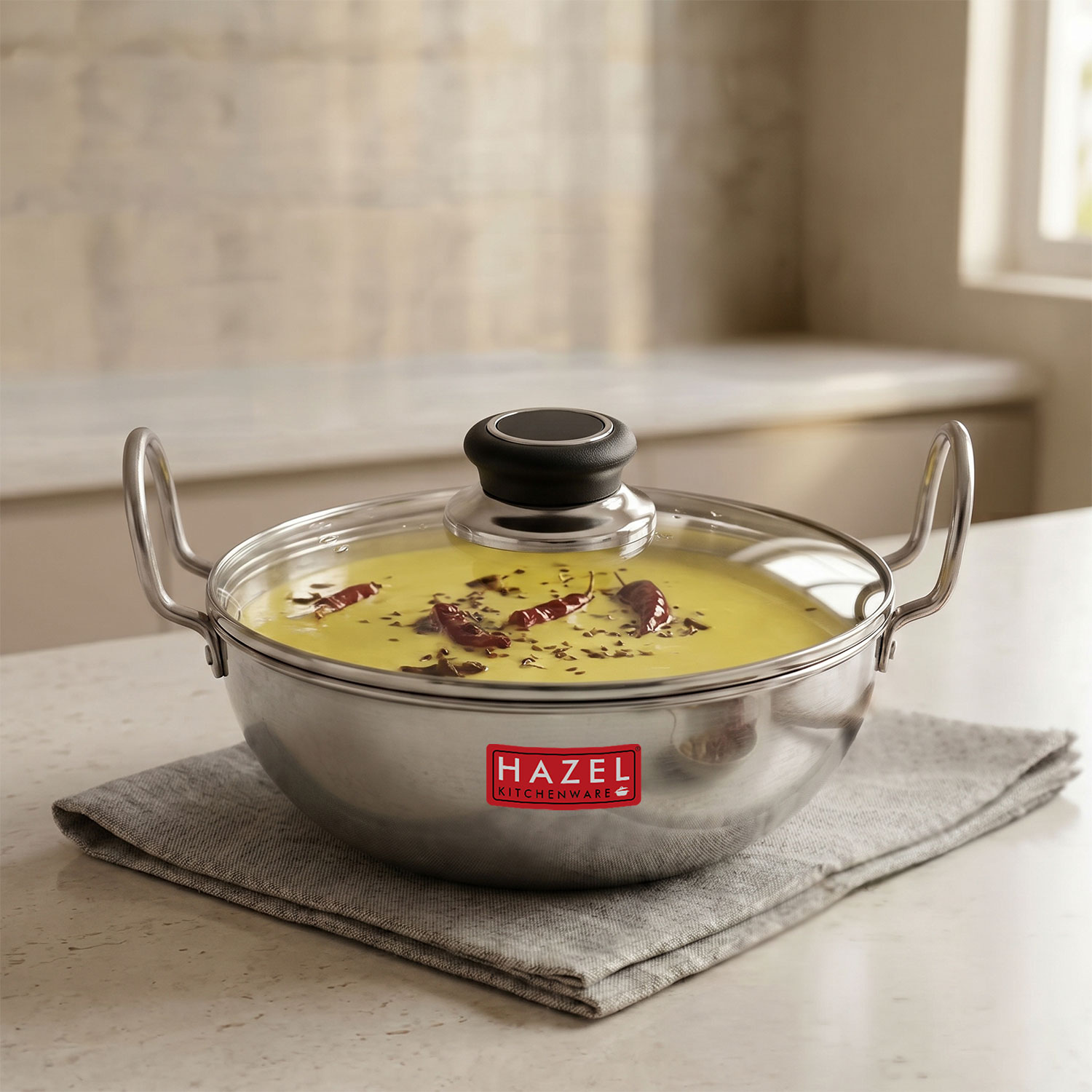 HAZEL 4 mm Aluminium Kadhai Kadai with Glass Lid | Vessels for Cooking Deep Frying Kadai, 3700 ML