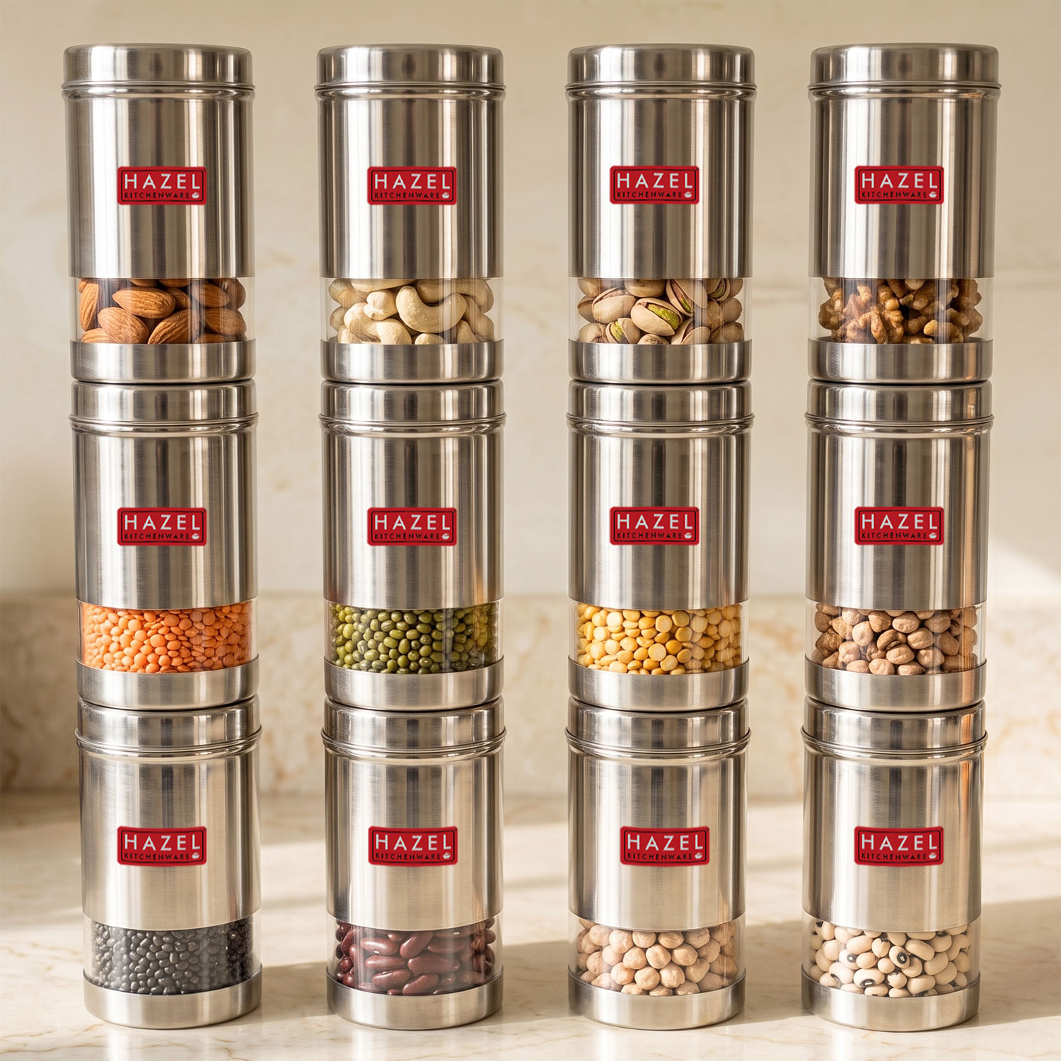 HAZEL Containers for Kitchen Storage Set | Fridge Storage Containers | See Through Stainless Steel Container for Kitchen | Modular Kitchen Containers Set of 12, 400 ML, Silver