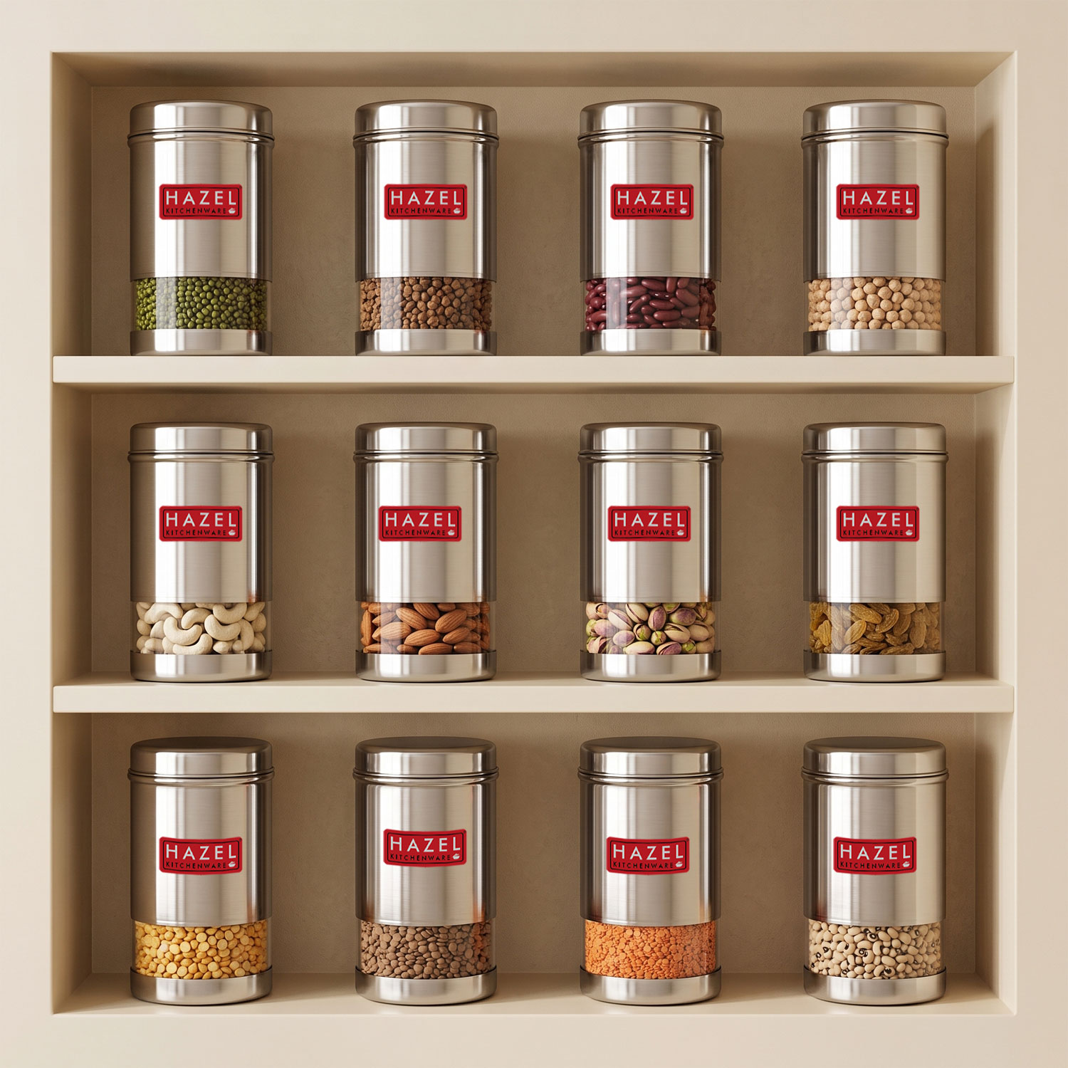 HAZEL Containers for Kitchen Storage Set | Fridge Storage Containers | See Through Stainless Steel Container for Kitchen | Modular Kitchen Containers Set of 12, 400 ML, Silver