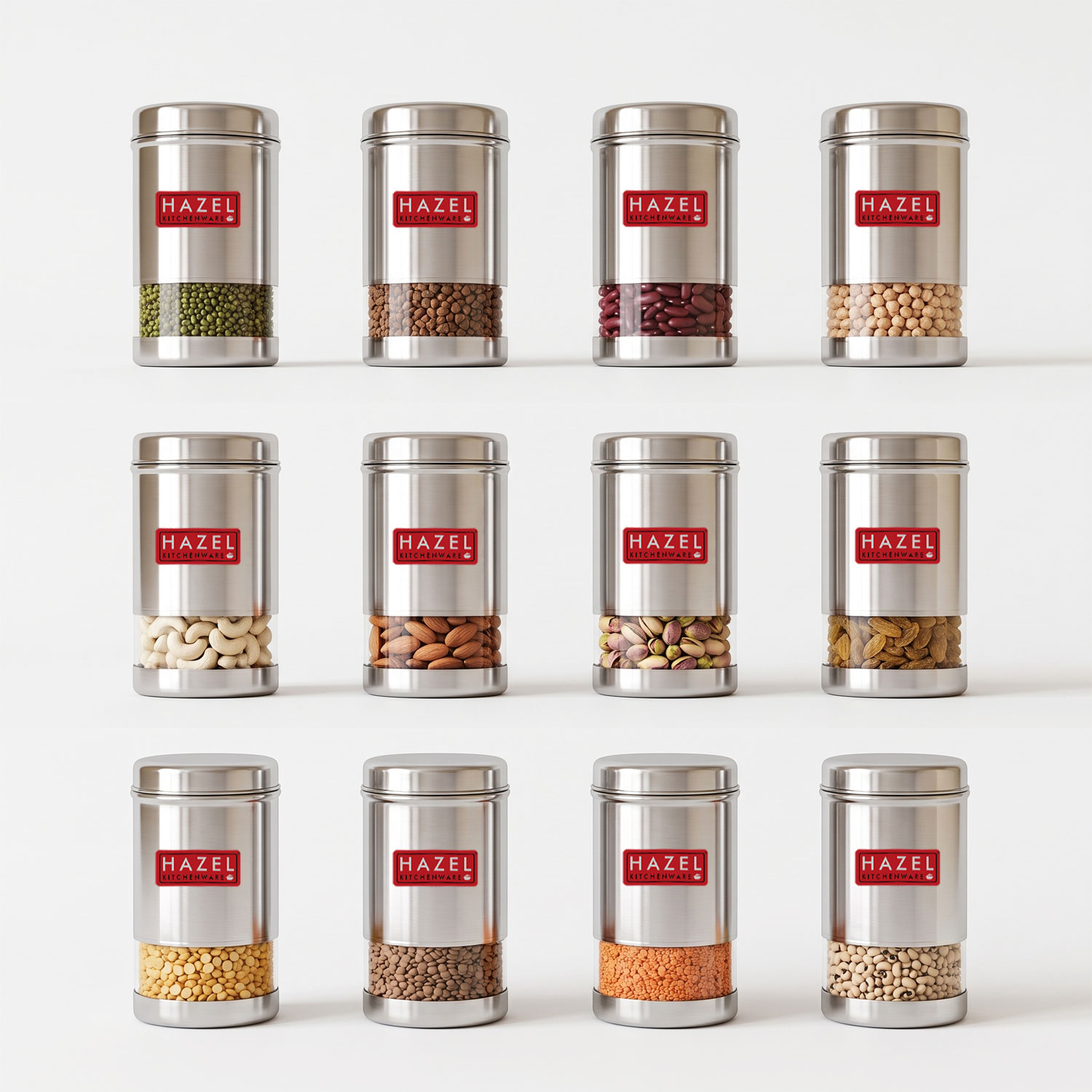 HAZEL Containers for Kitchen Storage Set | Fridge Storage Containers | See Through Stainless Steel Container for Kitchen | Modular Kitchen Containers Set of 12, 400 ML, Silver