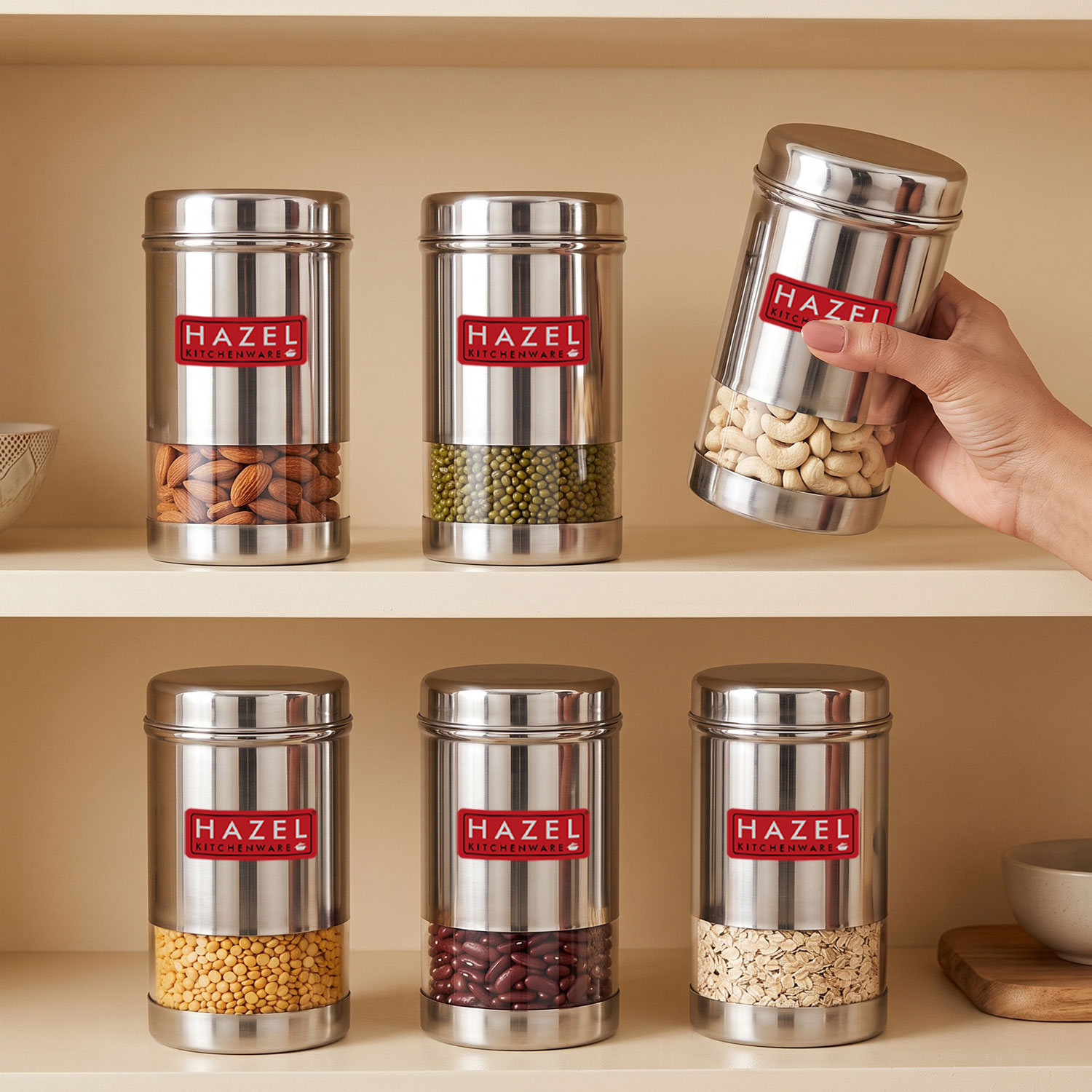 HAZEL Air Tight Container for Storage Containers for Kitchen | Stainless steel See Through Container for Kitchen Container | Fridge Storage Canister | Snacks Storage Container Airtight, 400 ML, Silver