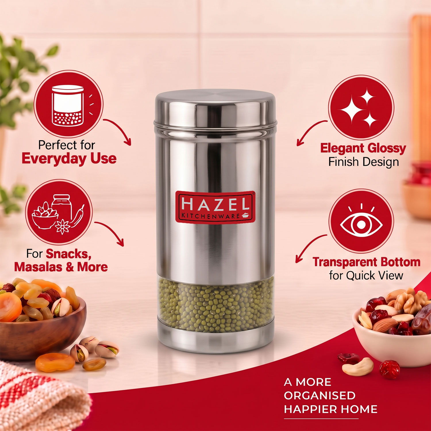 HAZEL Air Tight Container for Storage Containers for Kitchen | Stainless steel See Through Container for Kitchen Container | Fridge Storage Canister | Snacks Storage Container Airtight, 400 ML, Silver