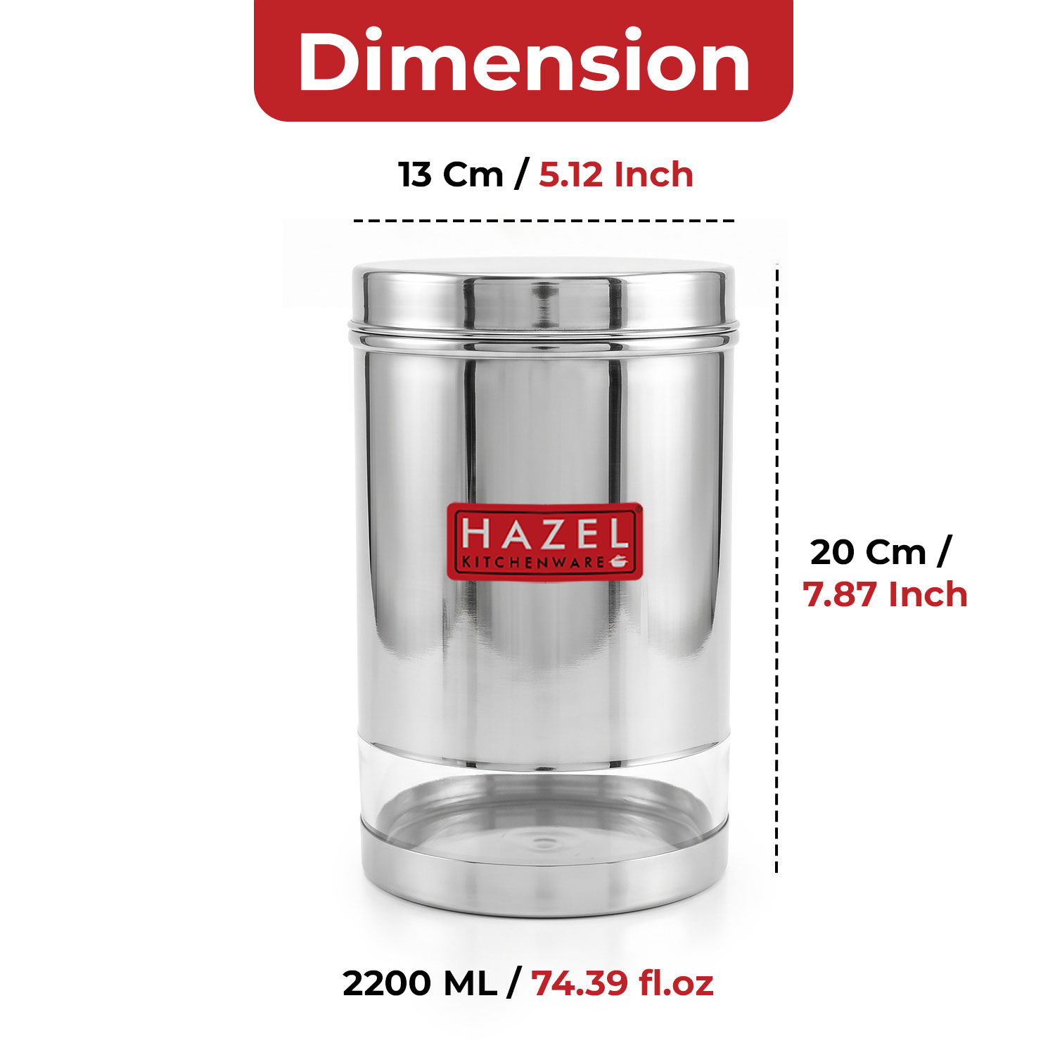 HAZEL Stainless Steel Container For Kitchen Storage Transparent See Through Glossy Finish Storage Jar Dabba, Set of 1, 2200 ML, Silver