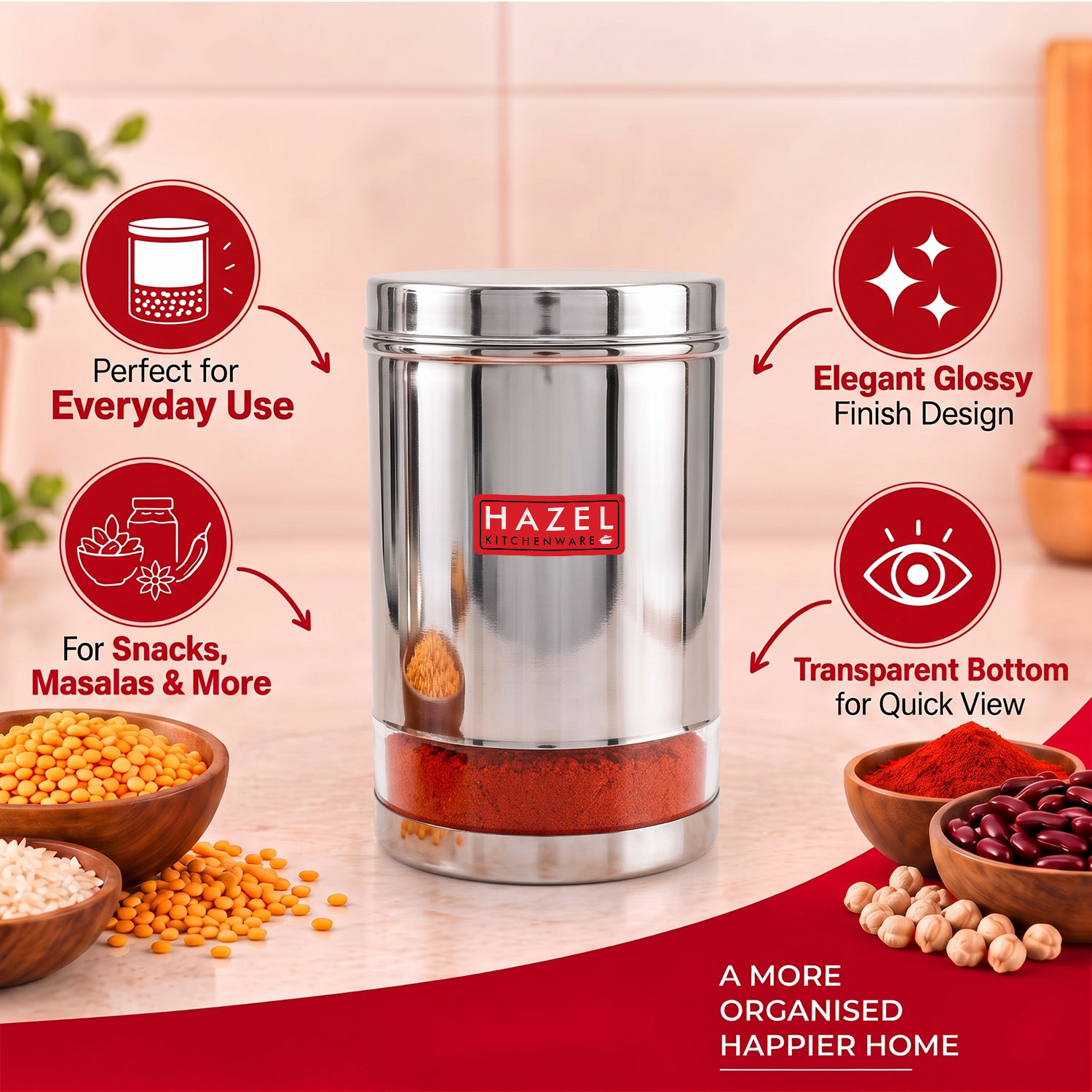 HAZEL Stainless Steel Container For Kitchen Storage Transparent See Through Glossy Finish Storage Jar Dabba, Set of 1, 2200 ML, Silver