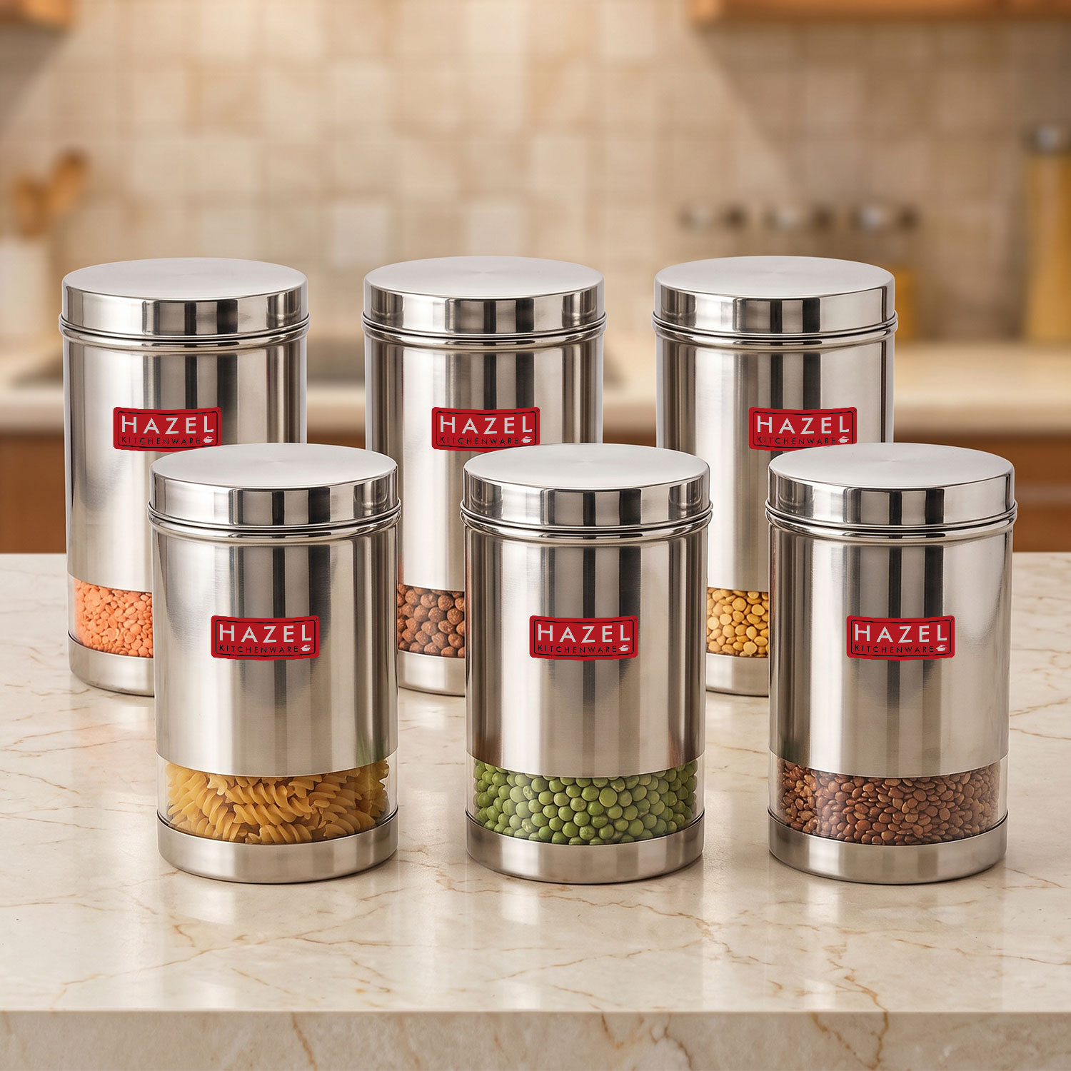 HAZEL Stainless Steel Transparent Glossy Finish See Through Container, Silver, Set of 6, 1200 Ml