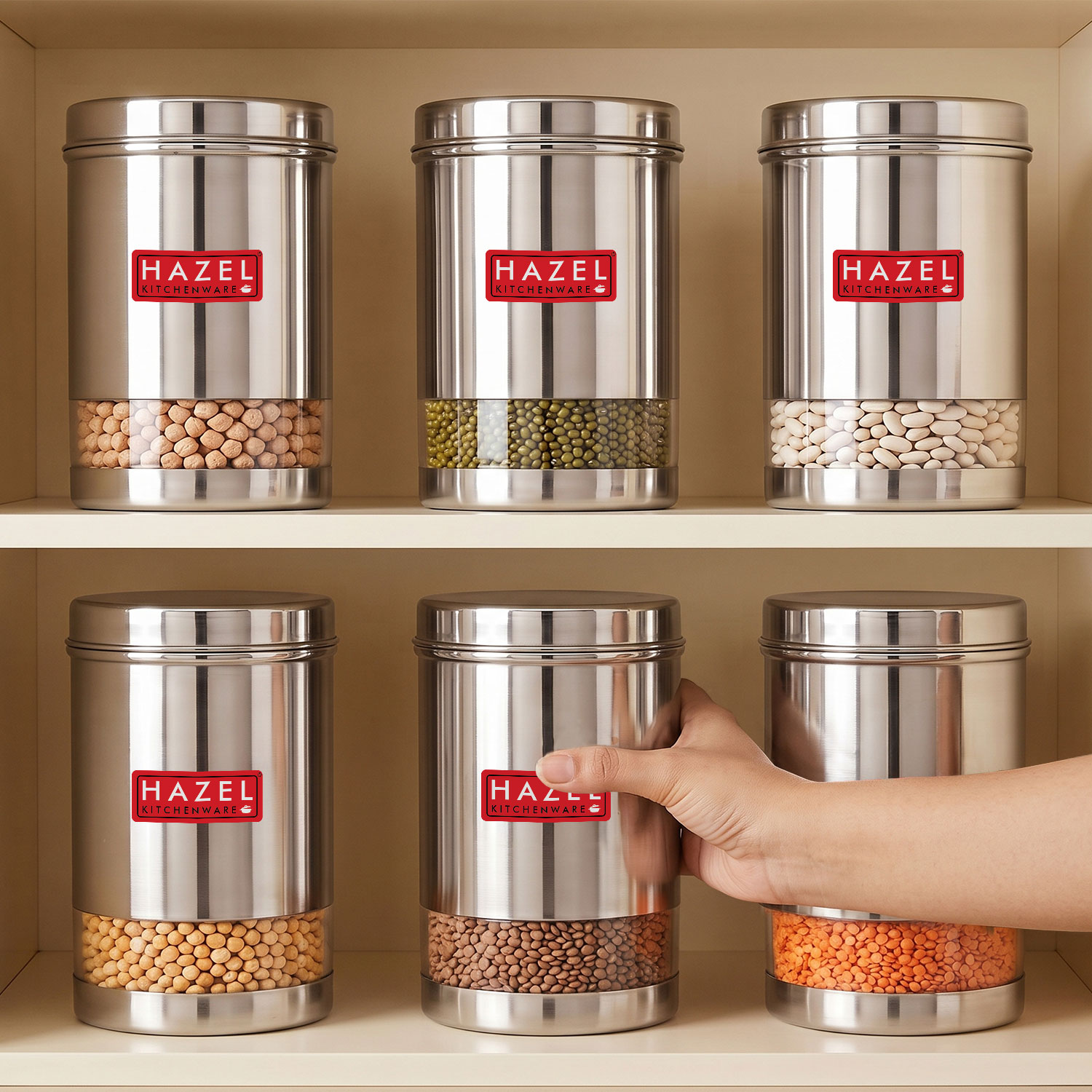 HAZEL Stainless Steel Transparent Glossy Finish See Through Container, Silver, Set of 6, 1200 Ml