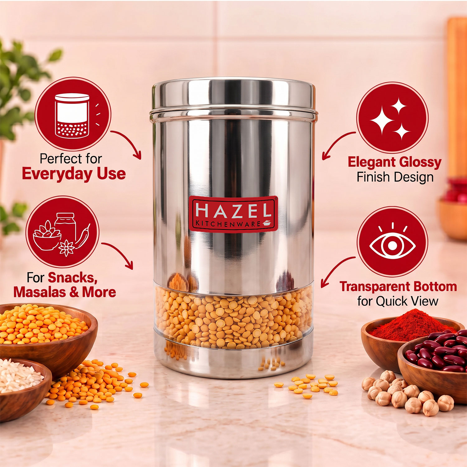 HAZEL Stainless Steel Transparent Glossy Finish See Through Container, Silver, Set of 6, 1200 Ml