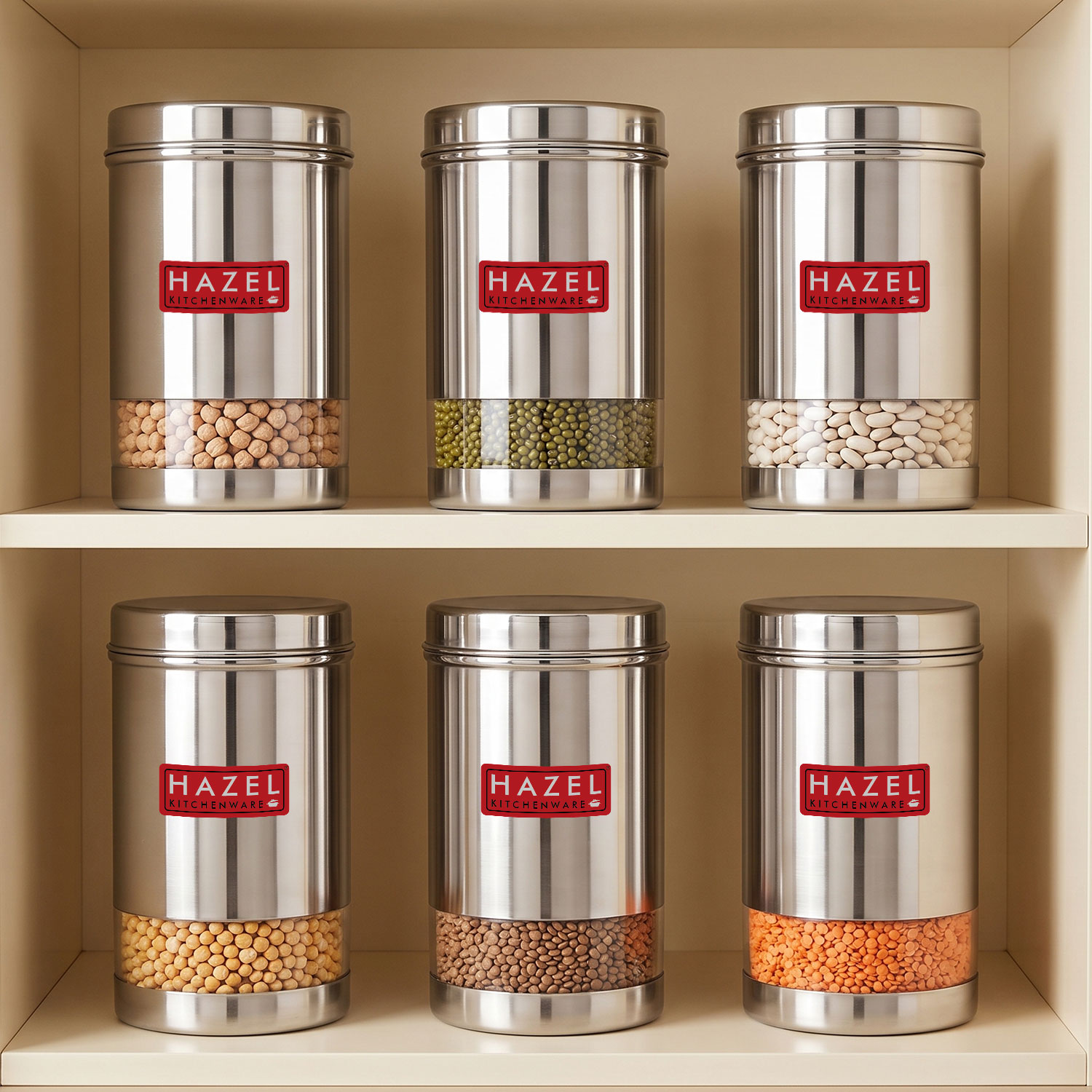 HAZEL Stainless Steel Transparent Glossy Finish See Through Container, Silver, Set of 6, 1200 Ml