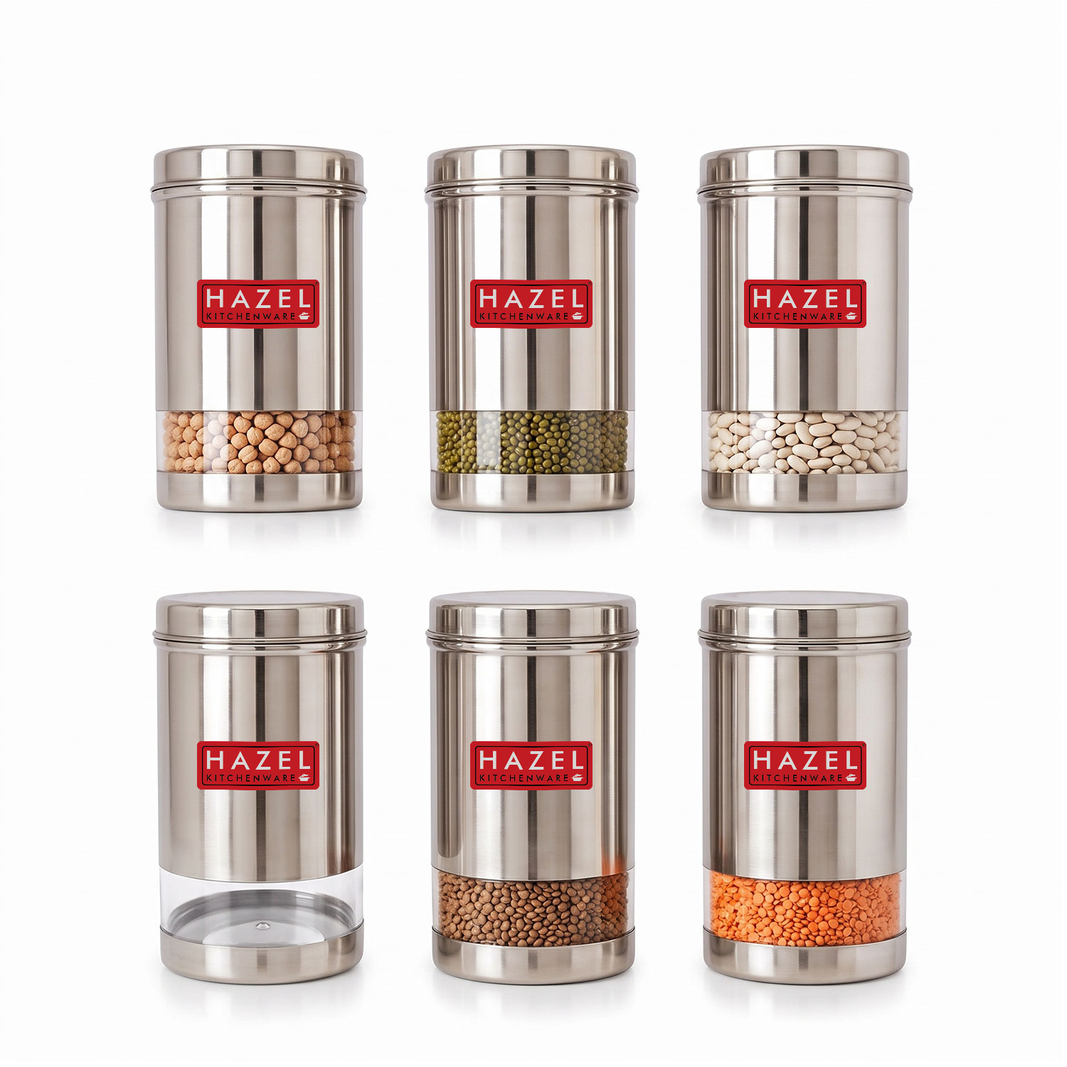 HAZEL Stainless Steel Transparent Glossy Finish See Through Container, Silver, Set of 6, 1200 Ml