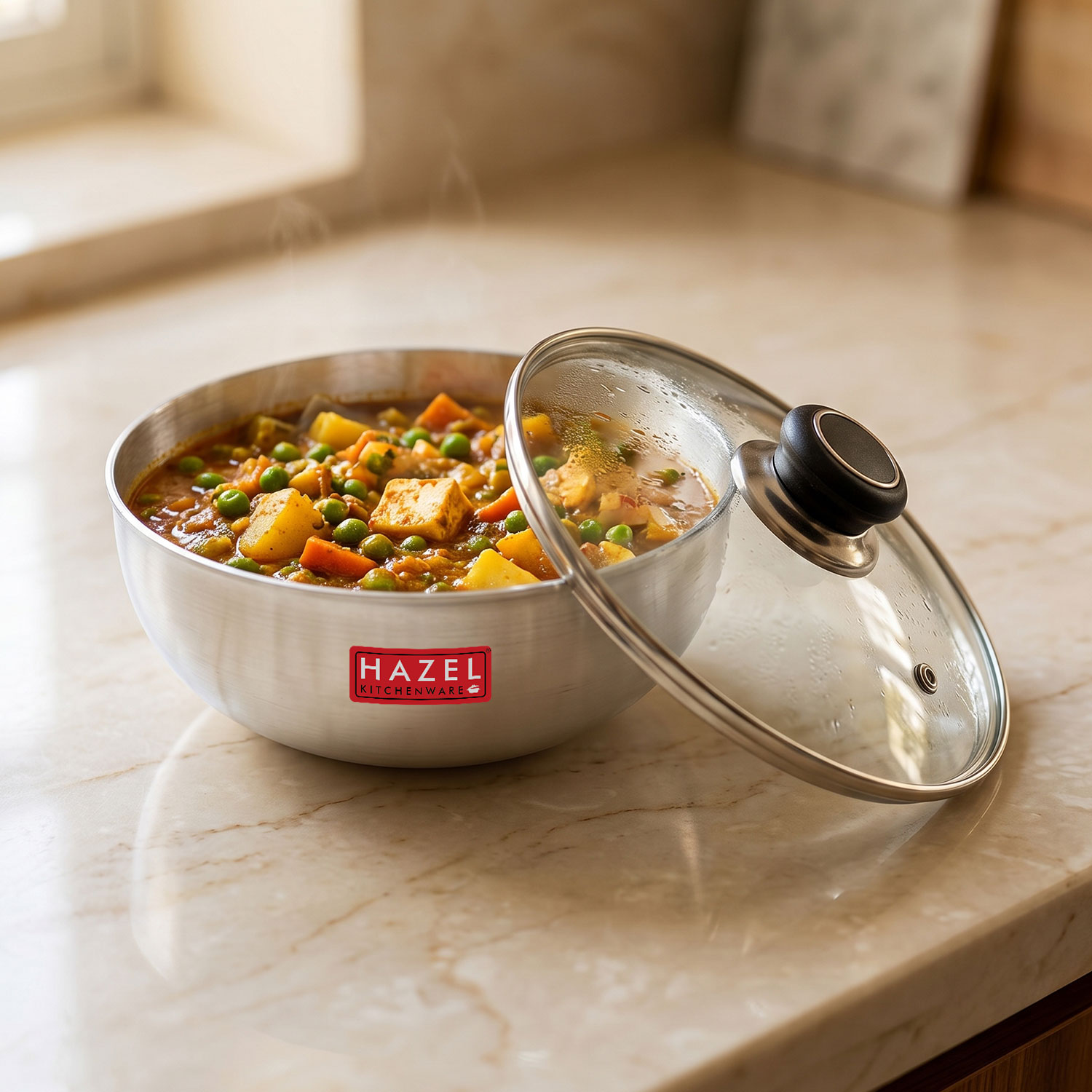 HAZEL Aluminium Kadai Without Handle | Aluminium Tasra Tasla Cookware with Glass Cover Lid, 1500 ML