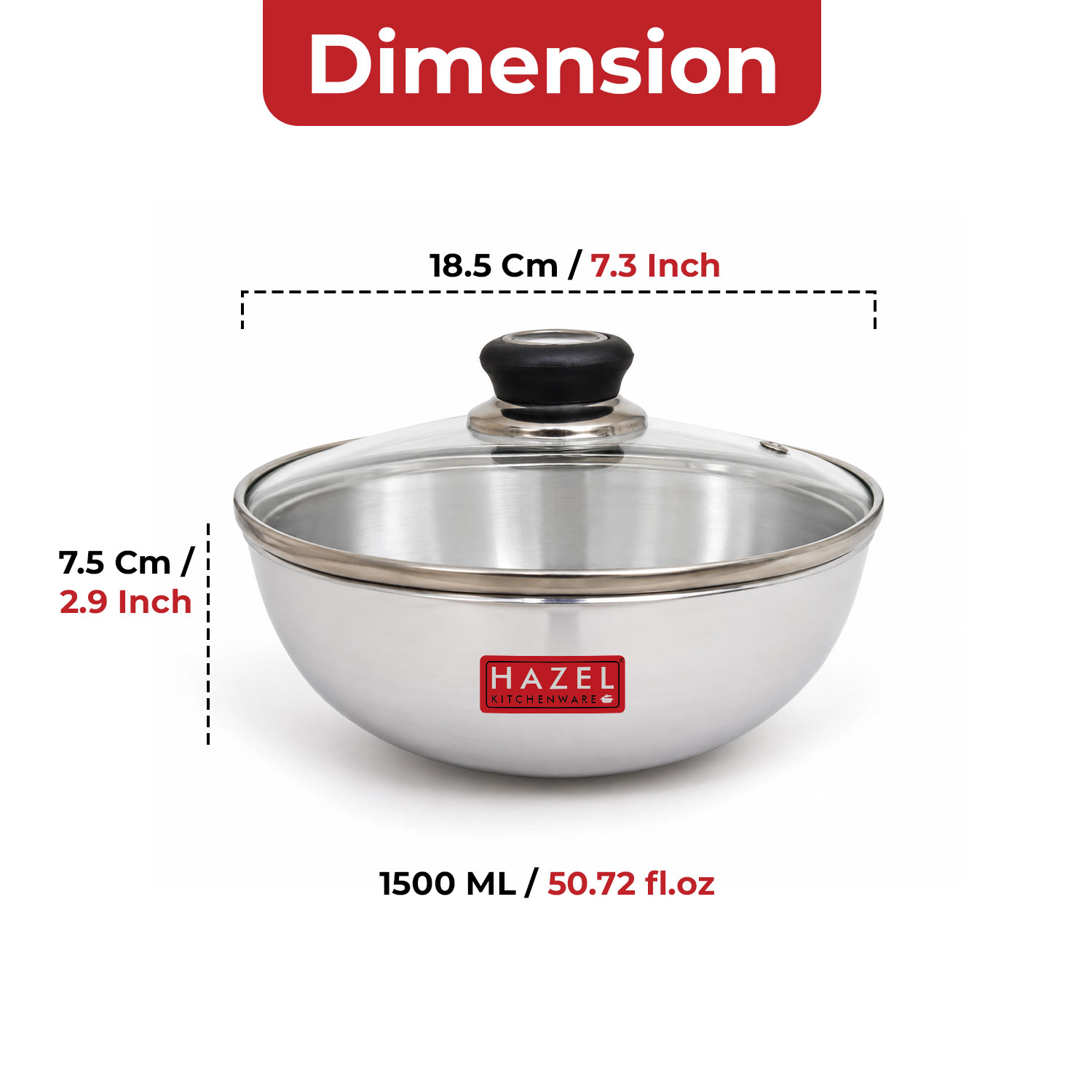 HAZEL Aluminium Kadai Without Handle | Aluminium Tasra Tasla Cookware with Glass Cover Lid, 1500 ML