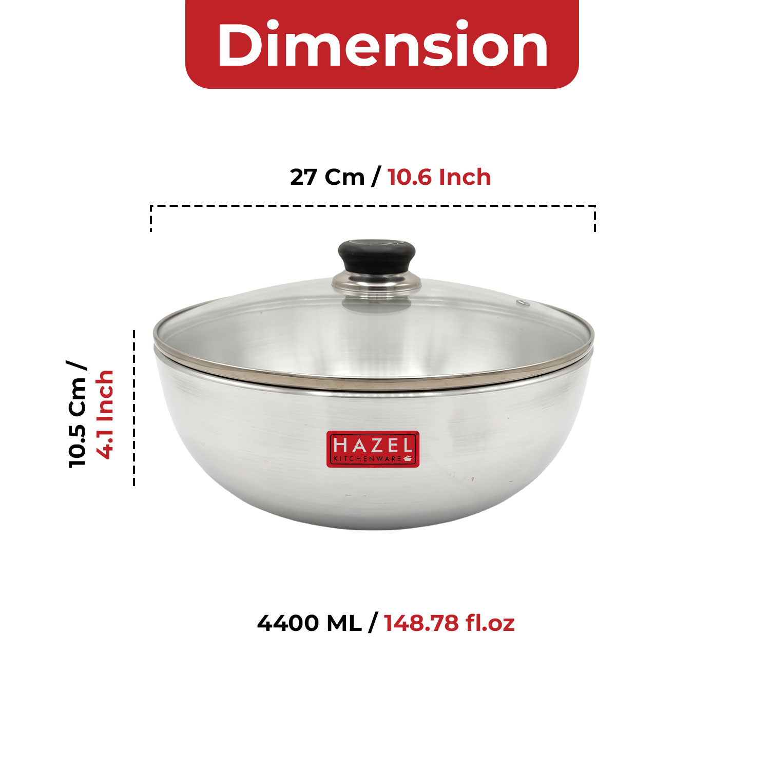 HAZEL Aluminium Kadai Without Handle | Aluminium Tasra Tasla Cookware with Glass Cover Lid, 4400 ML