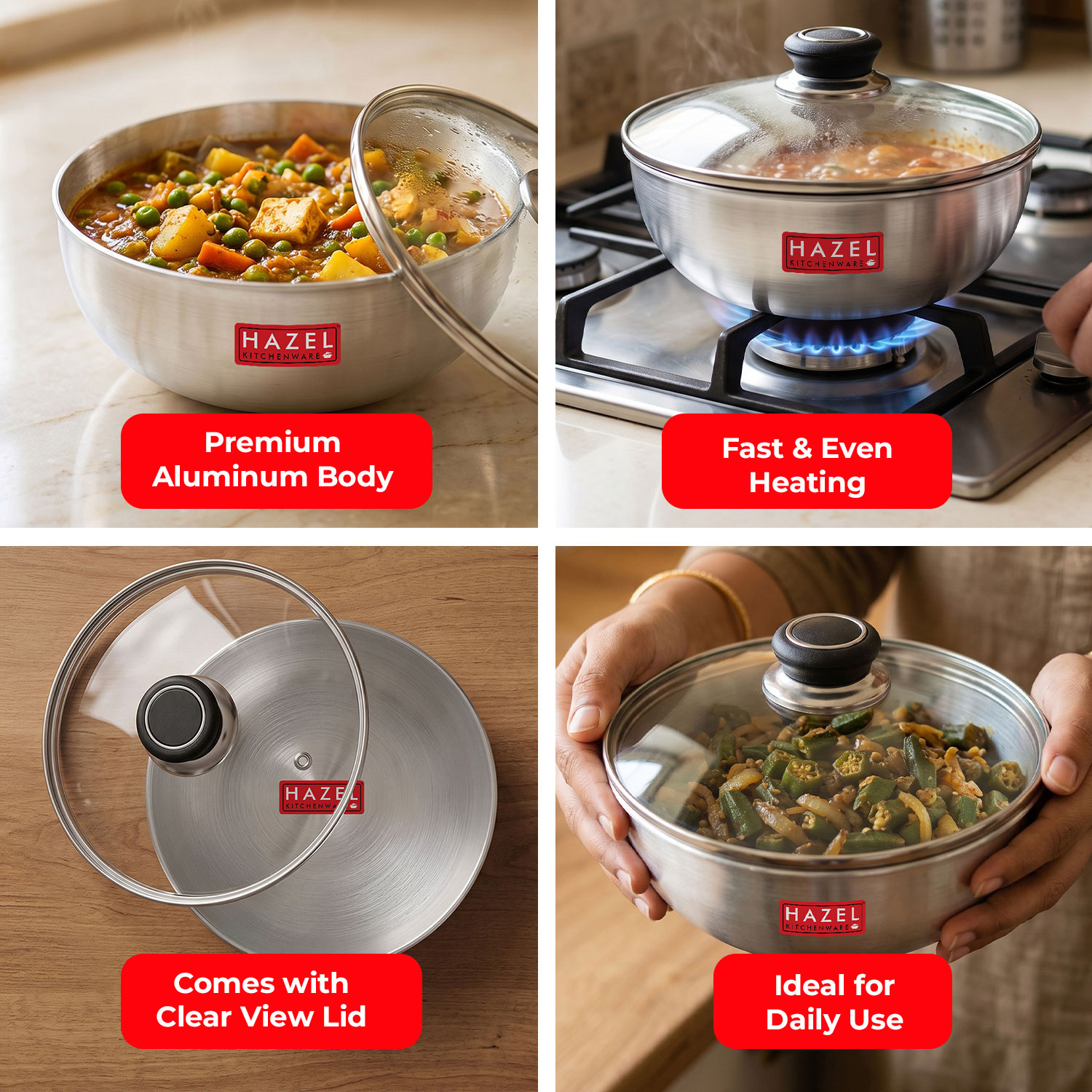 HAZEL Aluminium Kadai Without Handle | Aluminium Tasra Tasla Cookware with Glass Cover Lid, 4400 ML
