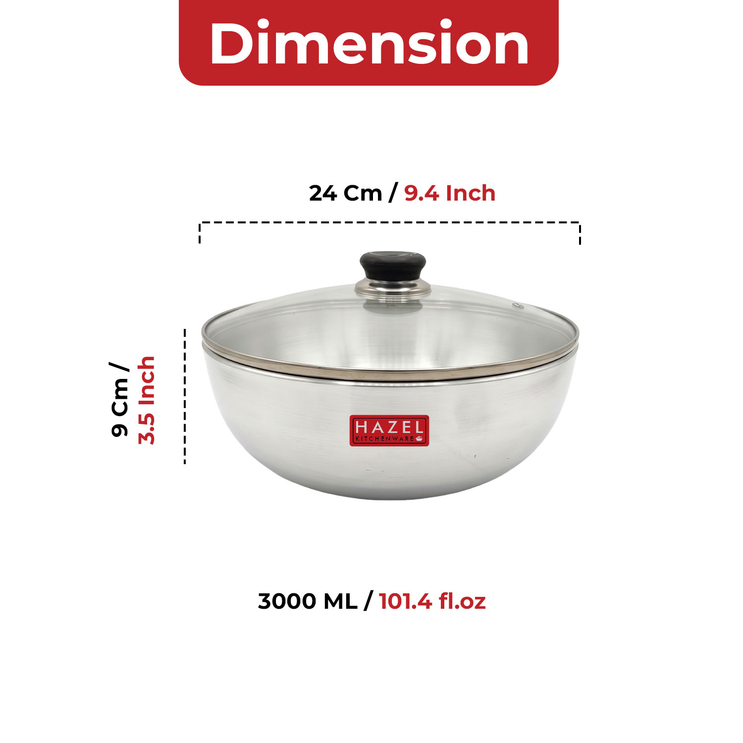 HAZEL Aluminium Kadai Without Handle | Aluminium Tasra Tasla Cookware with Glass Cover Lid, 3000 ML