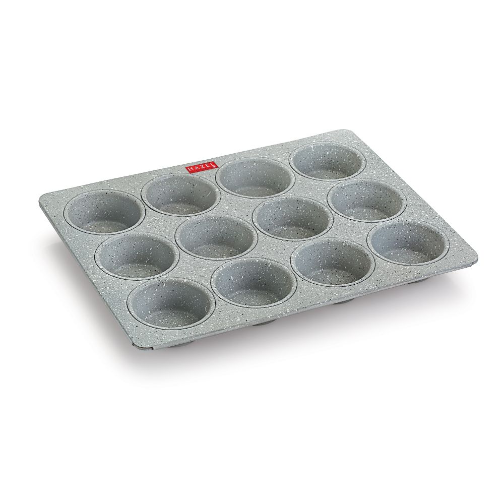 HAZEL Aluminium Cupcake Muffin Mould Microwave Safe 12 Cups Non Stick Granite Finish Muffin Pan Chocolate Baking Tray for House and Bakery, Grey