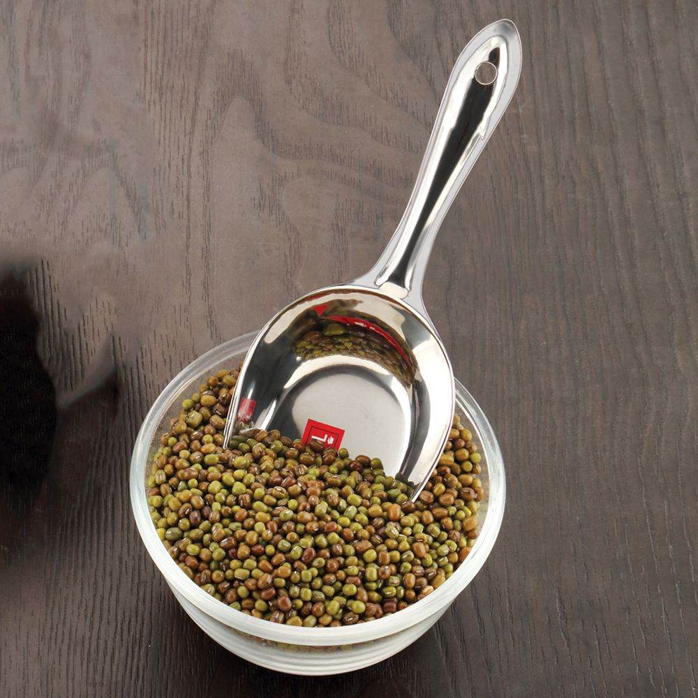 HAZEL Stainless Steel Scoop Spoon | Grocery Flour Grain Dry Foods Candy Spice Scoop | Steel Scoops For Grocery Shop Store | Grocery Shop Accessories Equipment, Medium, Silver