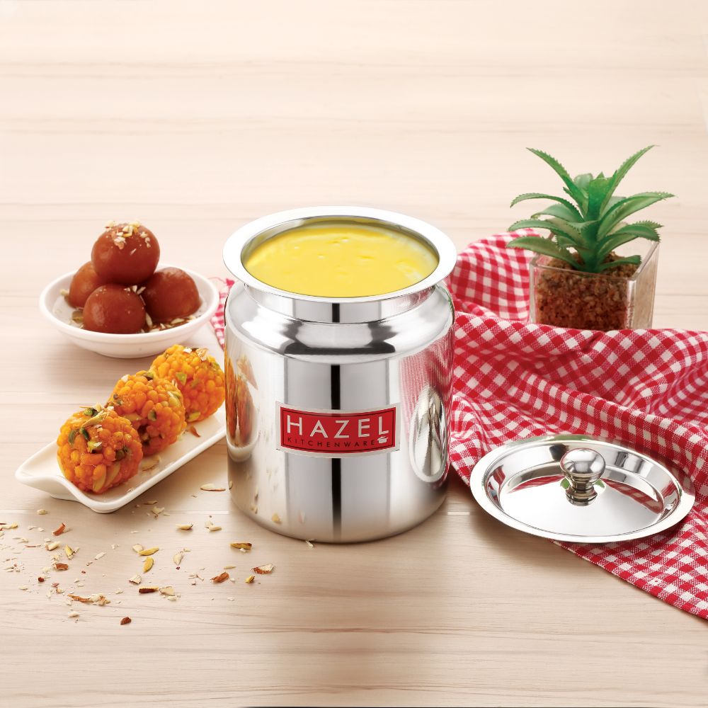 HAZEL Stainless Steel Oil / Ghee Storage Container, 600 ml, Silver