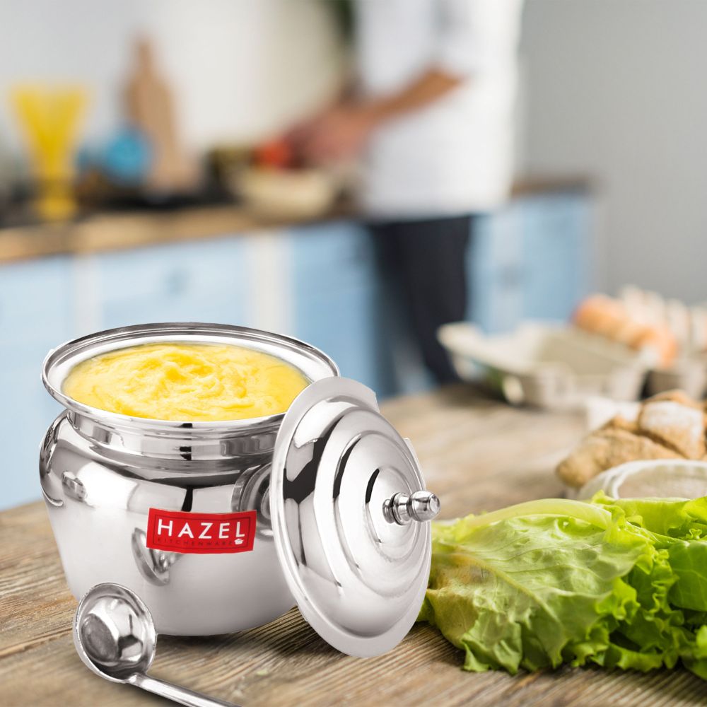 HAZEL Stainless Steel Lotus Shape Kitchen Storage Ghee Dani Oil Pot Container, 300 ML