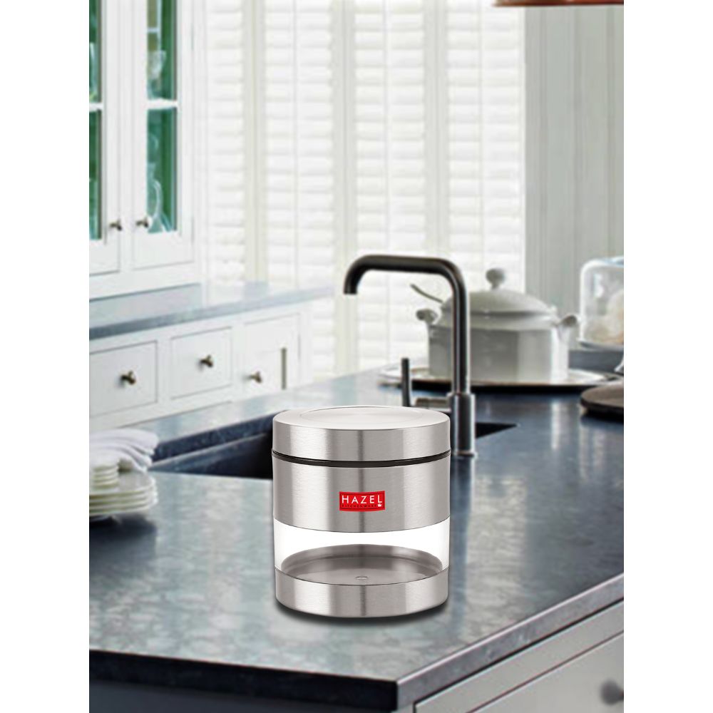 HAZEL Stainless Steel Container For Kitchen Storage Transparent See Through Matt Finish Storage Jar Dabba, Set of 1, 600 ML, Silver