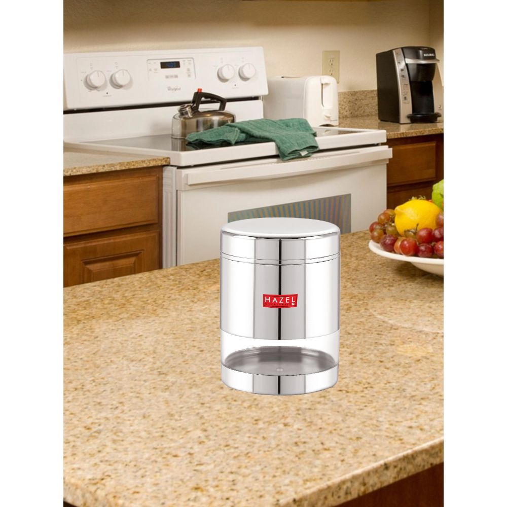 HAZEL Stainless Steel Container For Kitchen Storage Transparent See Through Glossy Finish Storage Jar Dabba, Set of 1, 600 ML, Silver