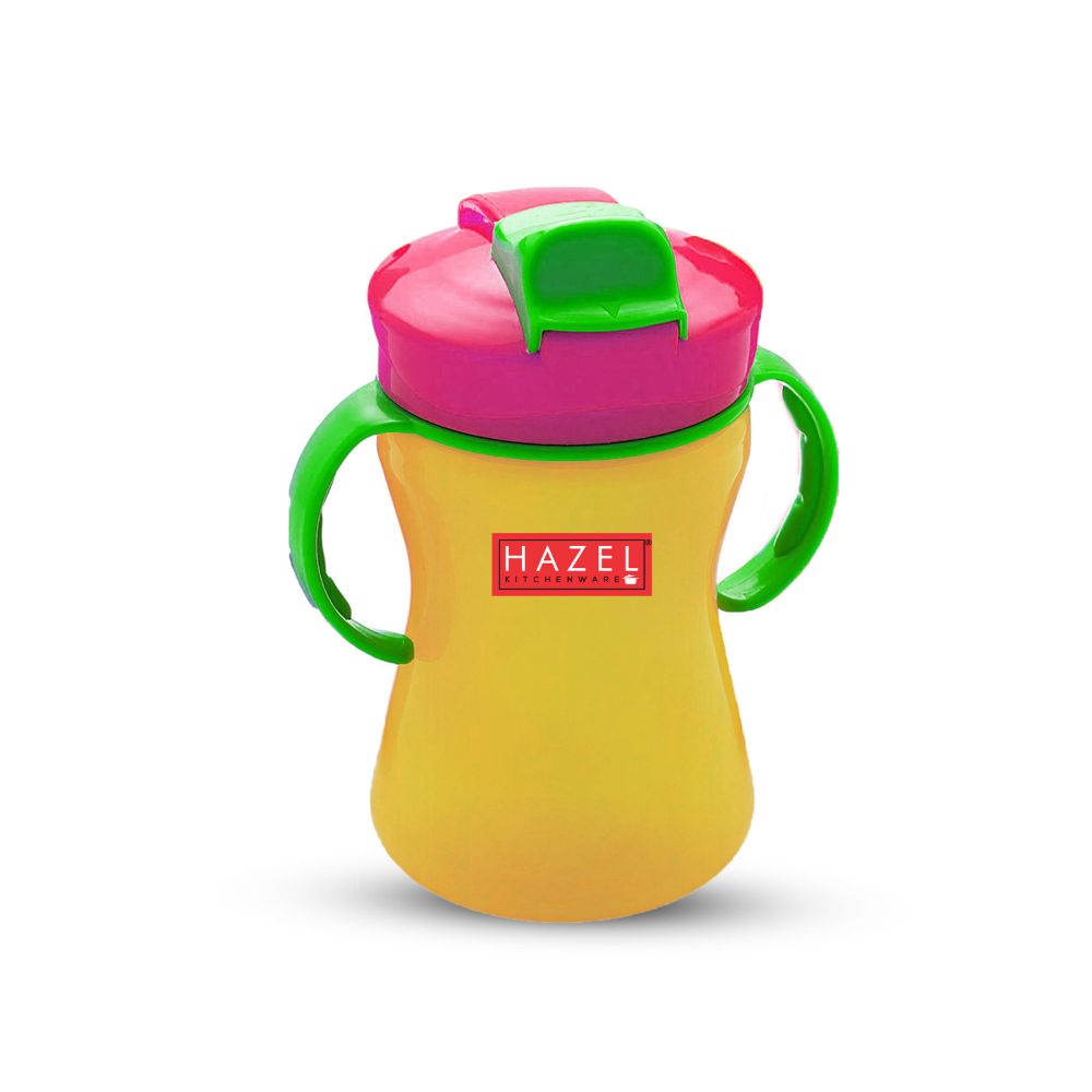 HAZEL Plastic Sipper Water Bottle With Smart Lock for Kids | Food Grade Plastic Bottle With Straw | Smart Bottle | Children Drink Bottle for kids, 350 ML, Yellow