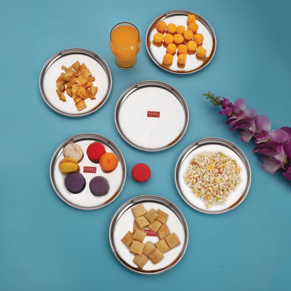 HAZEL Stainless Steel Thali Plates With Mirror Finish | Serveware Tableware Snacks Plates Set for Kitchen Storage Friendly | Steel Kids plate with Glossy finish | Serving Plate Set of 6, 18.5 cm